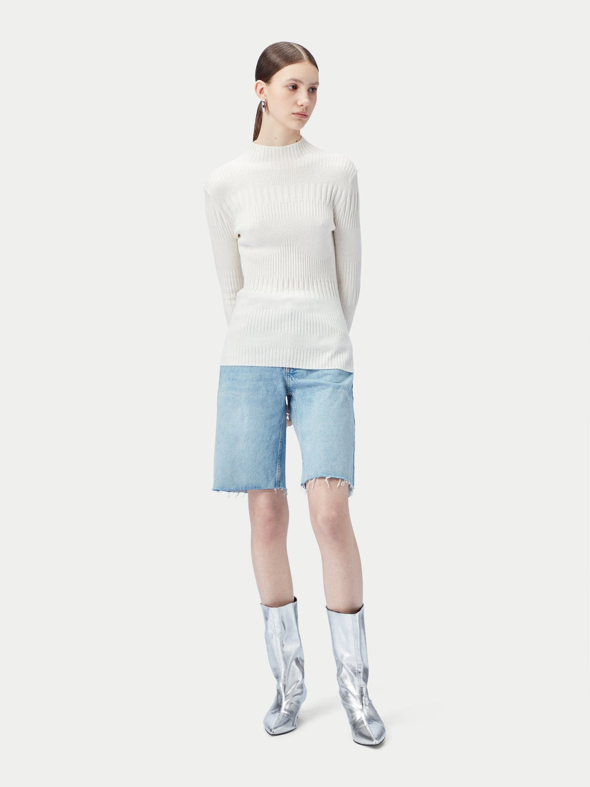 High-neck Ribbed Cotton Silk Cashmere Blend Sweater — Pure White