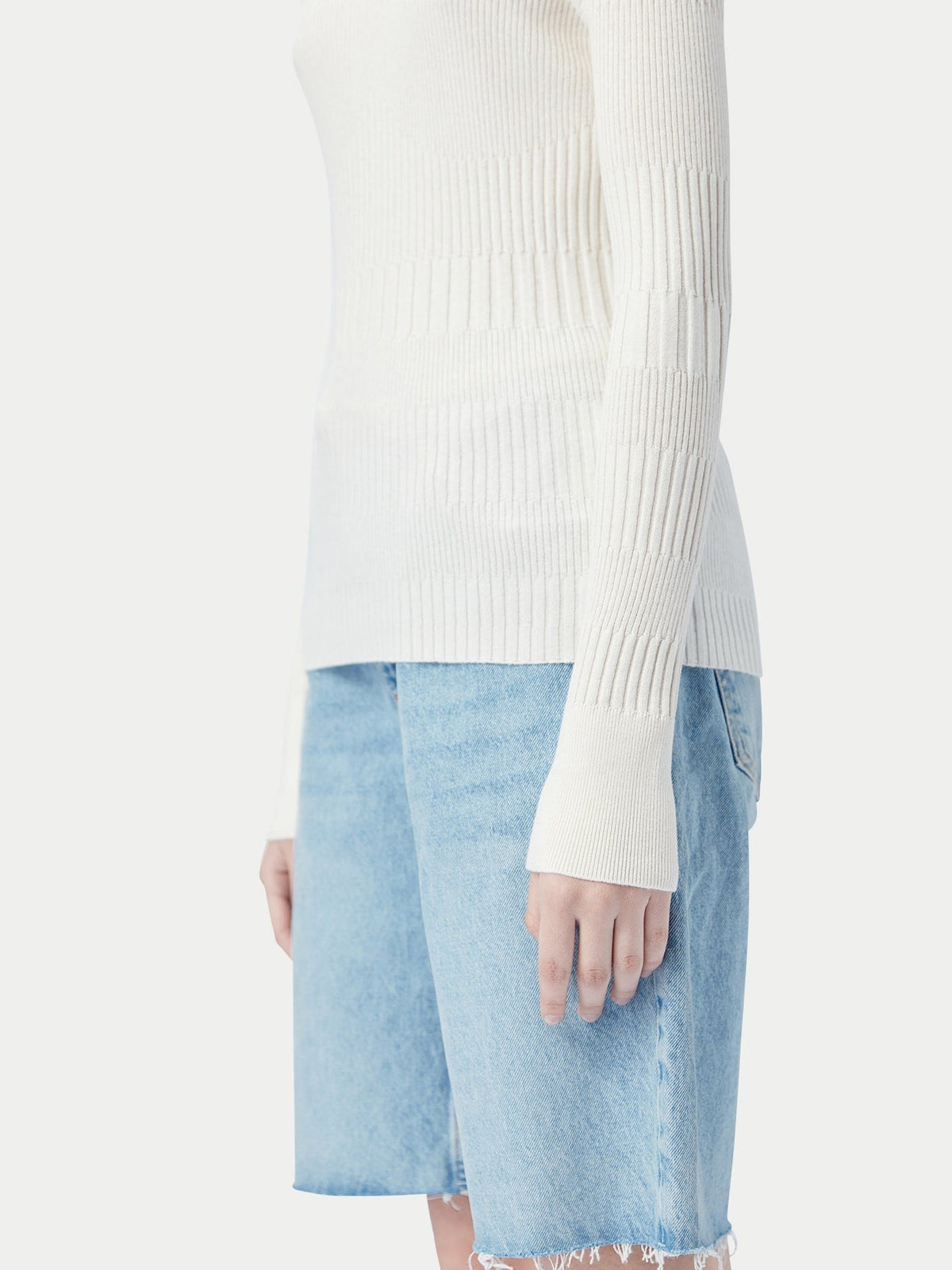 High-neck Ribbed Cotton Silk Cashmere Blend Sweater — Pure White