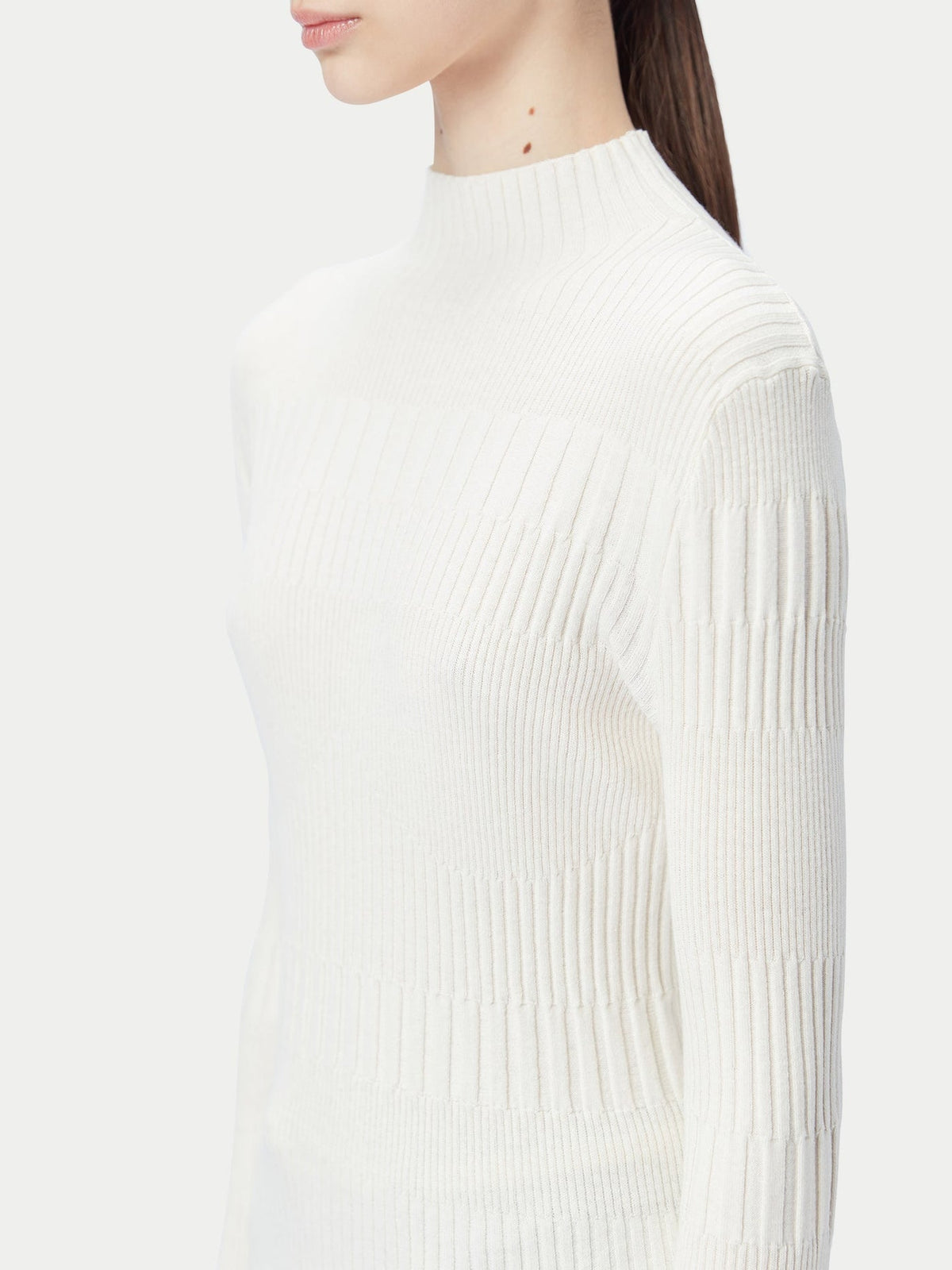 High-neck Ribbed Cotton Silk Cashmere Blend Sweater — Pure White