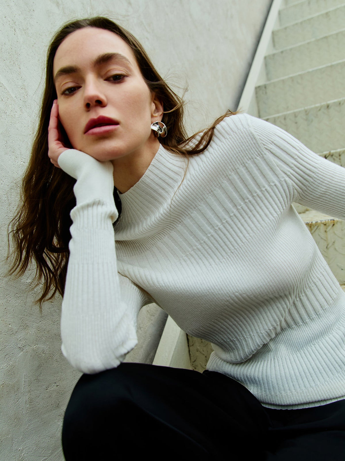 High-neck Ribbed Cotton Silk Cashmere Blend Sweater — Pure White