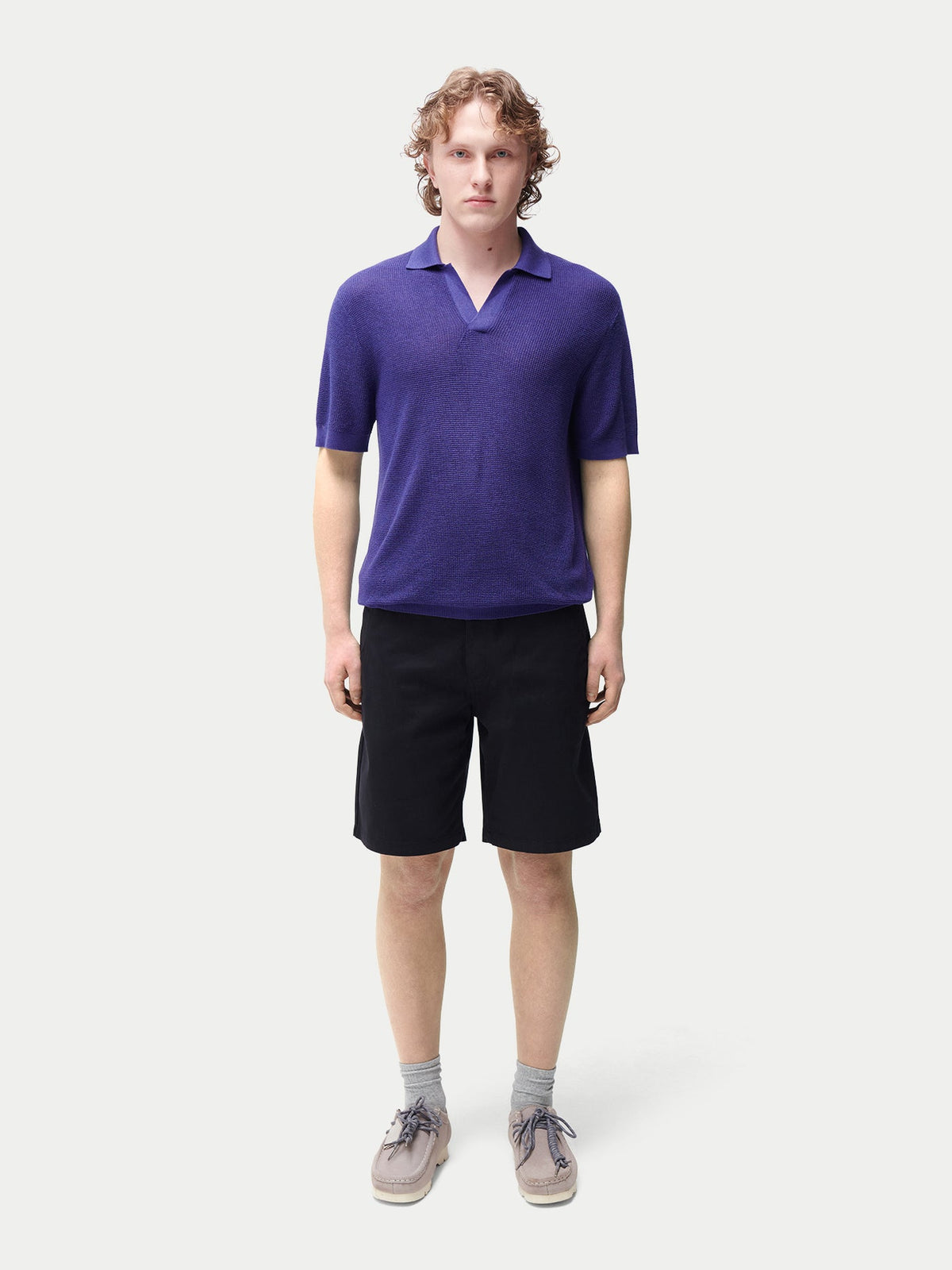Open Collar Cashmere Silk Polo Shirt — Skipper Blue