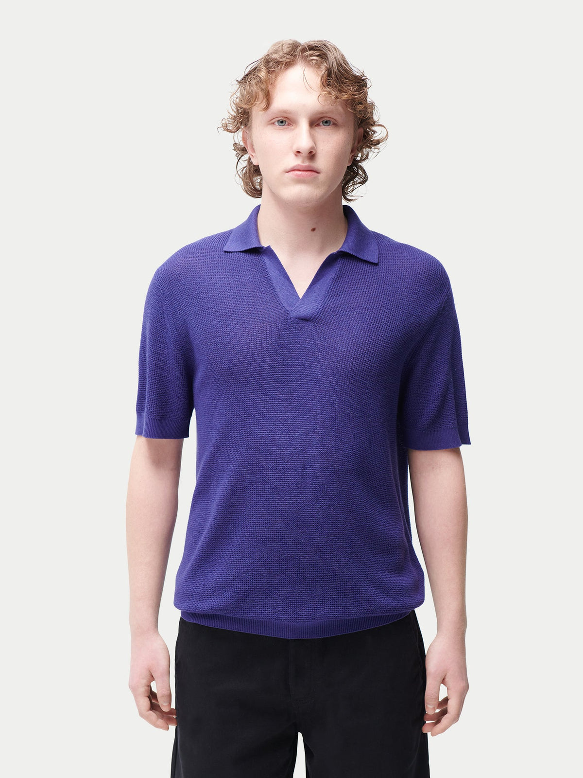 Open Collar Cashmere Silk Polo Shirt — Skipper Blue
