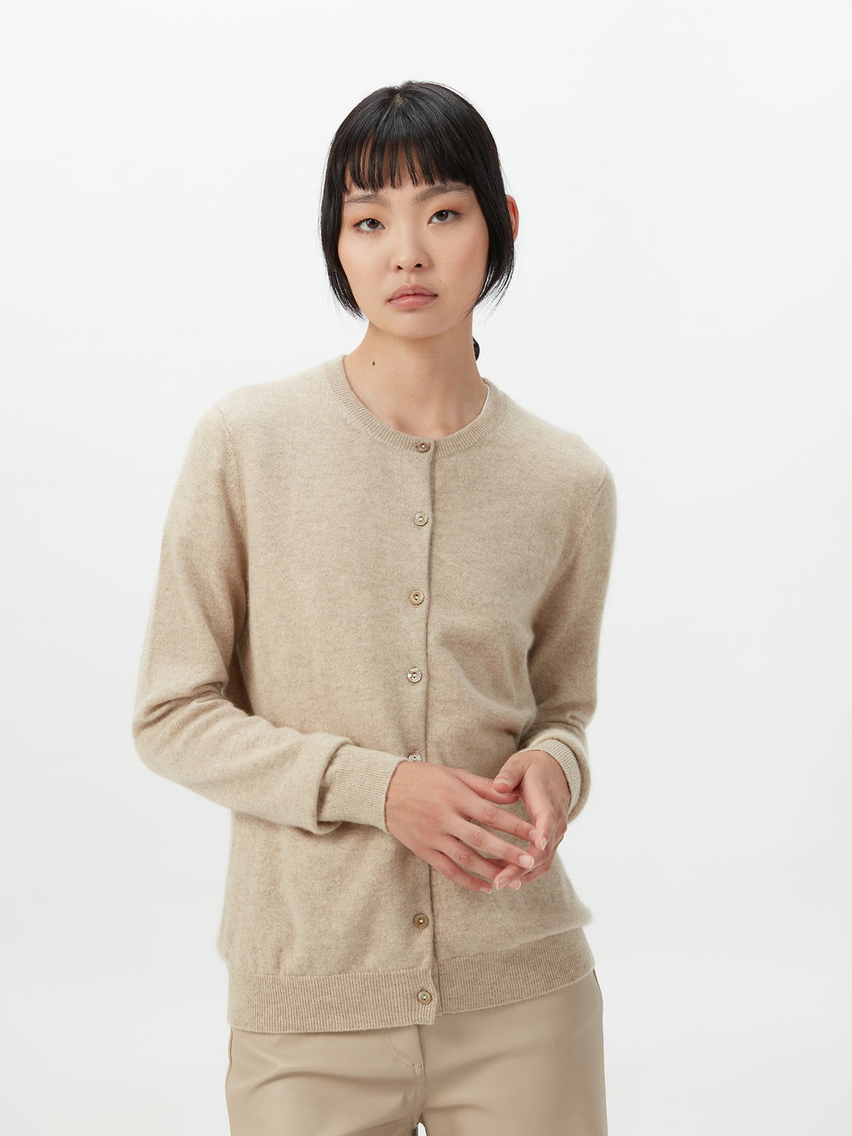 Cashmere Crew Neck Button Cardigan — Soft Beige