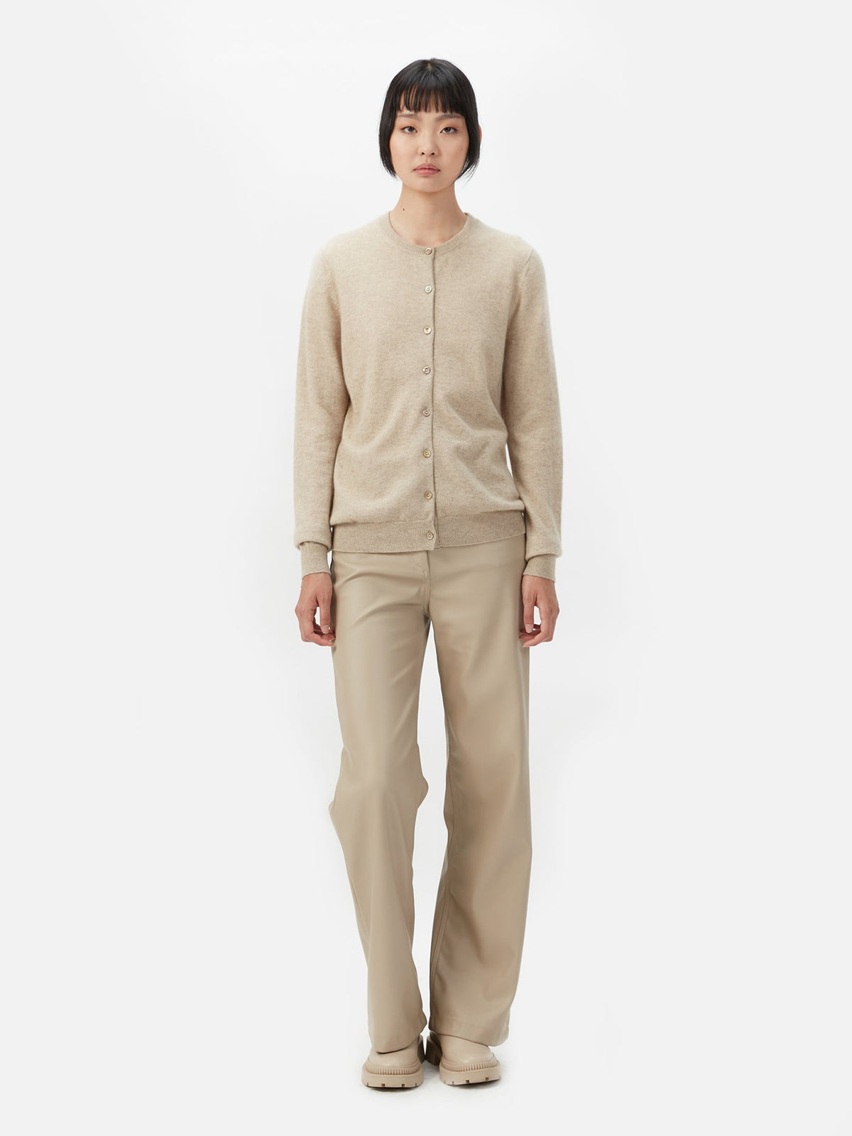 Cashmere Crew Neck Button Cardigan — Soft Beige