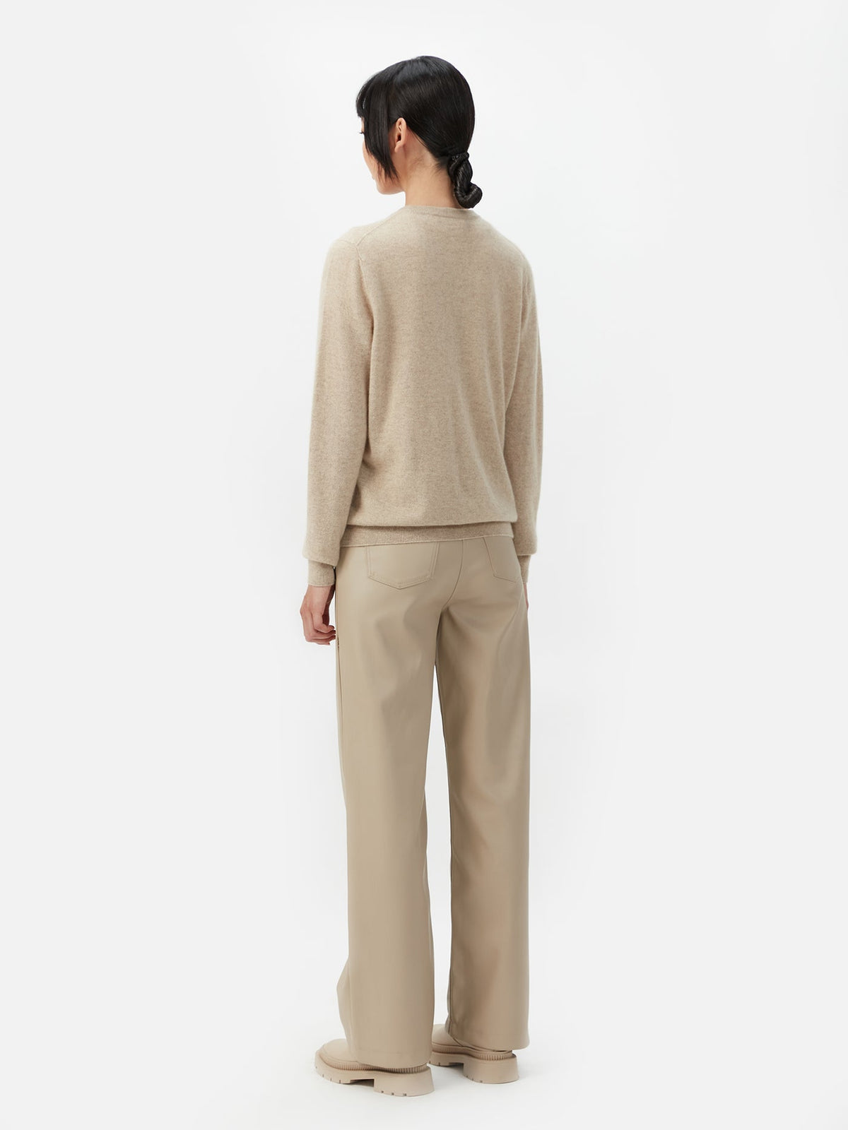 Cashmere Crew Neck Button Cardigan — Soft Beige