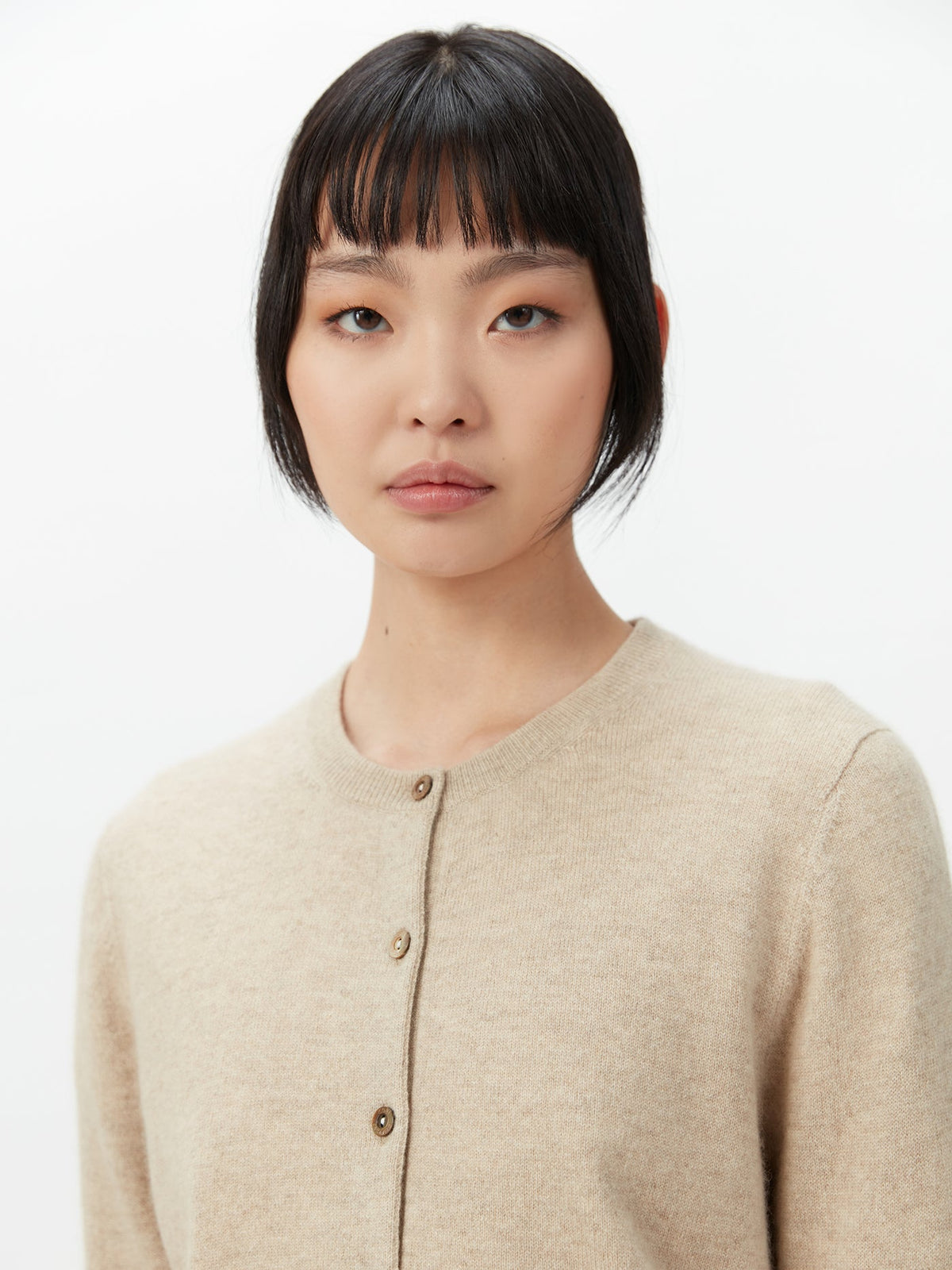 Cashmere Crew Neck Button Cardigan — Soft Beige
