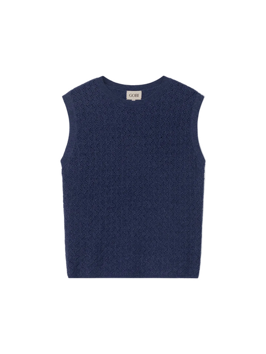 Ajour Knit Crewneck Cashmere Vest — Soft Indigo