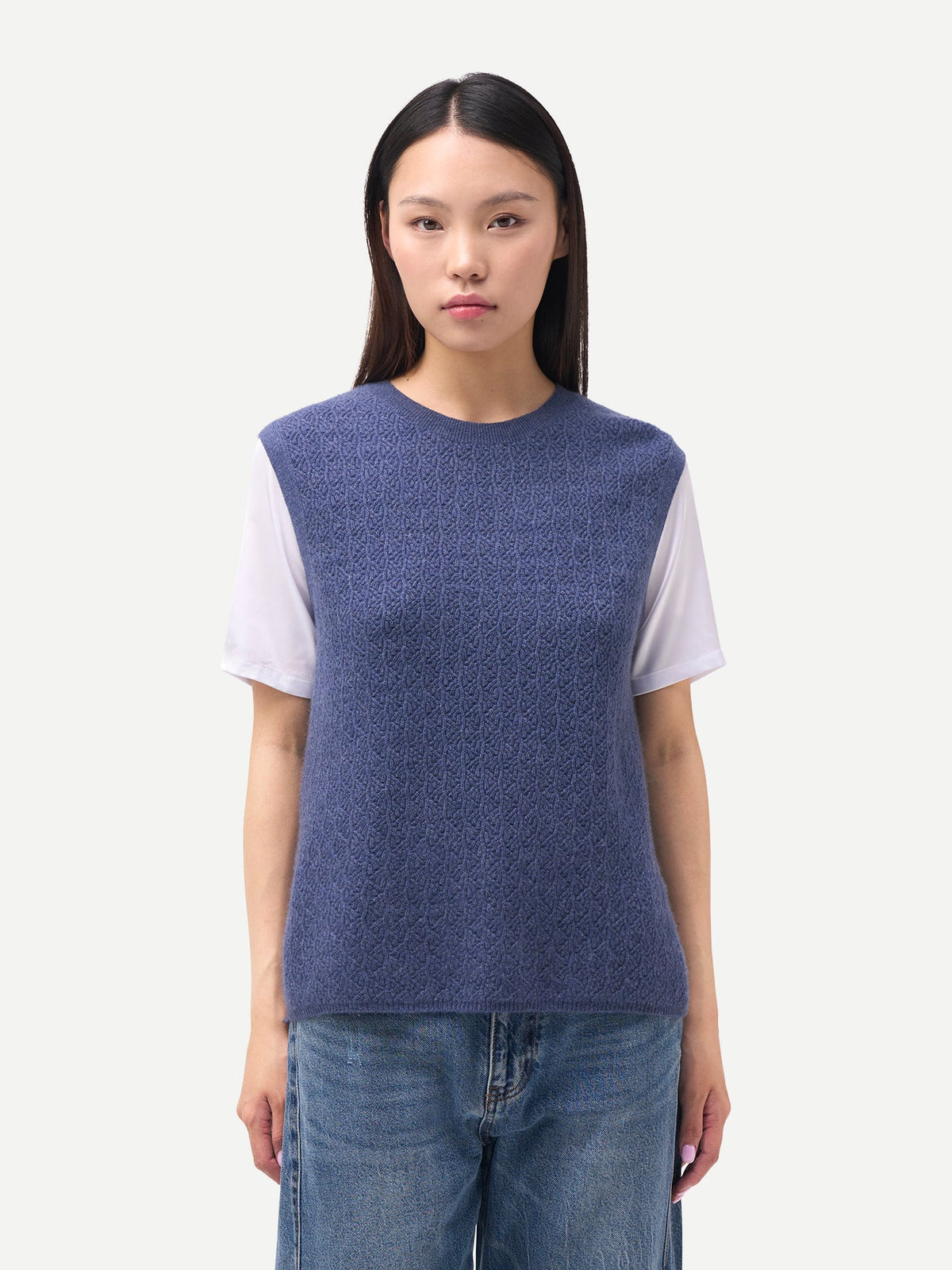 Ajour Knit Crewneck Cashmere Vest — Soft Indigo