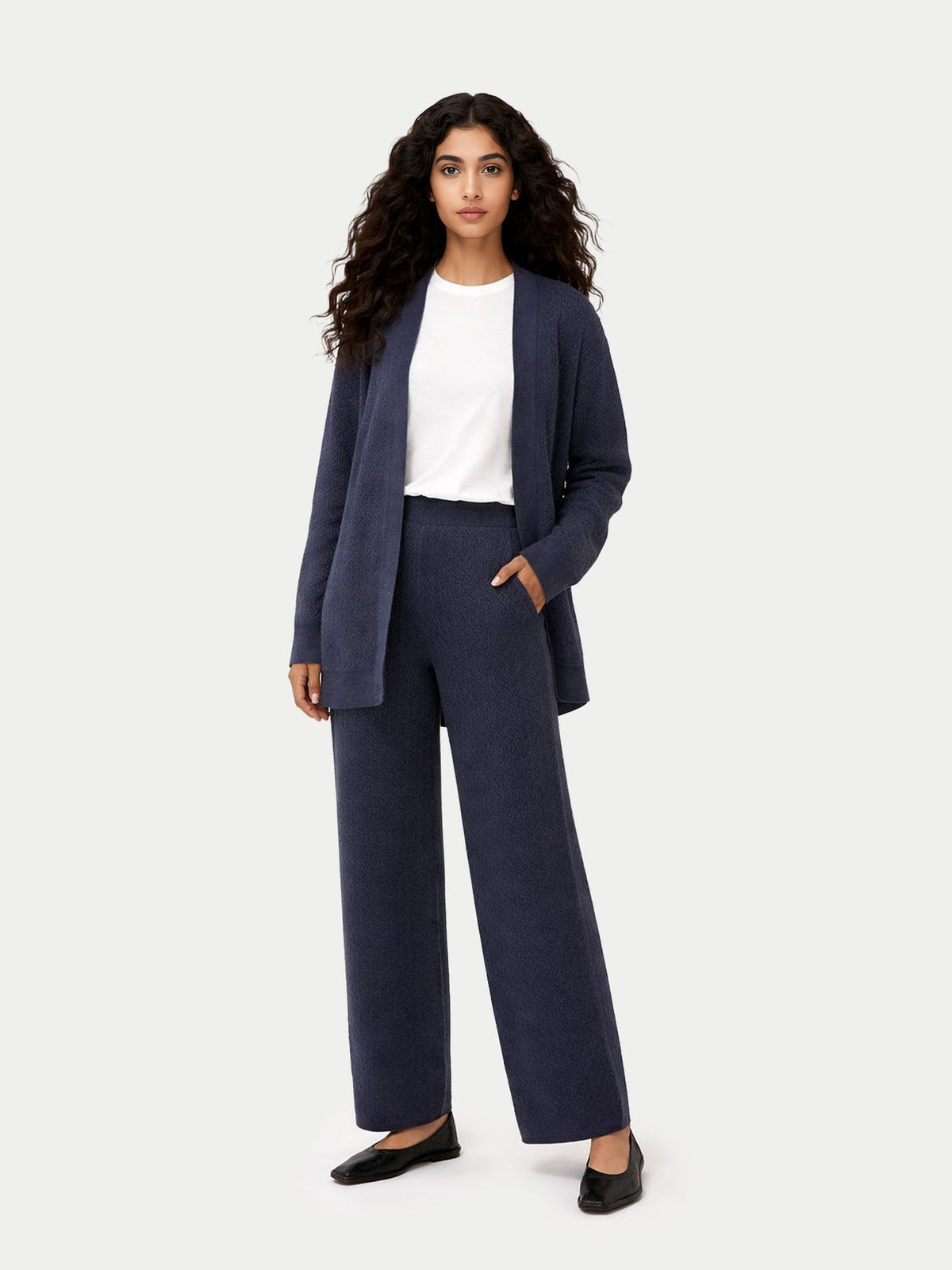 Wide-leg Ajour Knit Cashmere Pants — Soft Indigo
