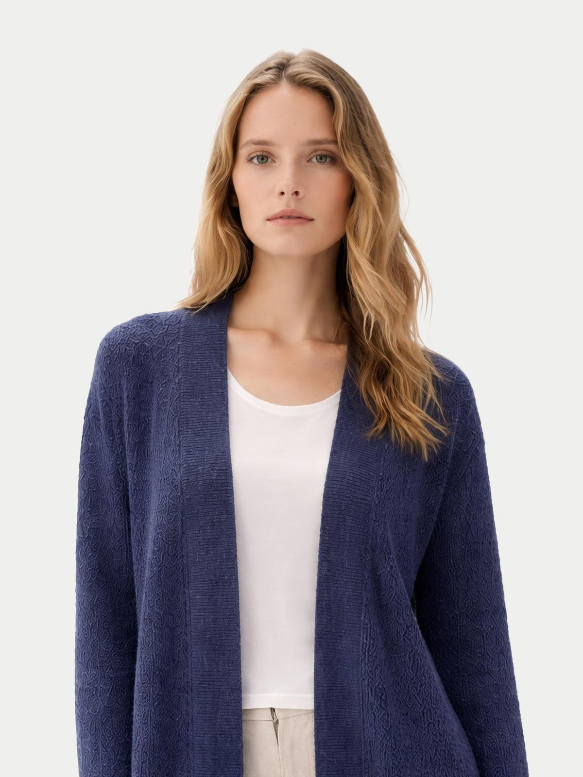 Ajour Knit Open-front Cashmere Cardigan — Soft Indigo