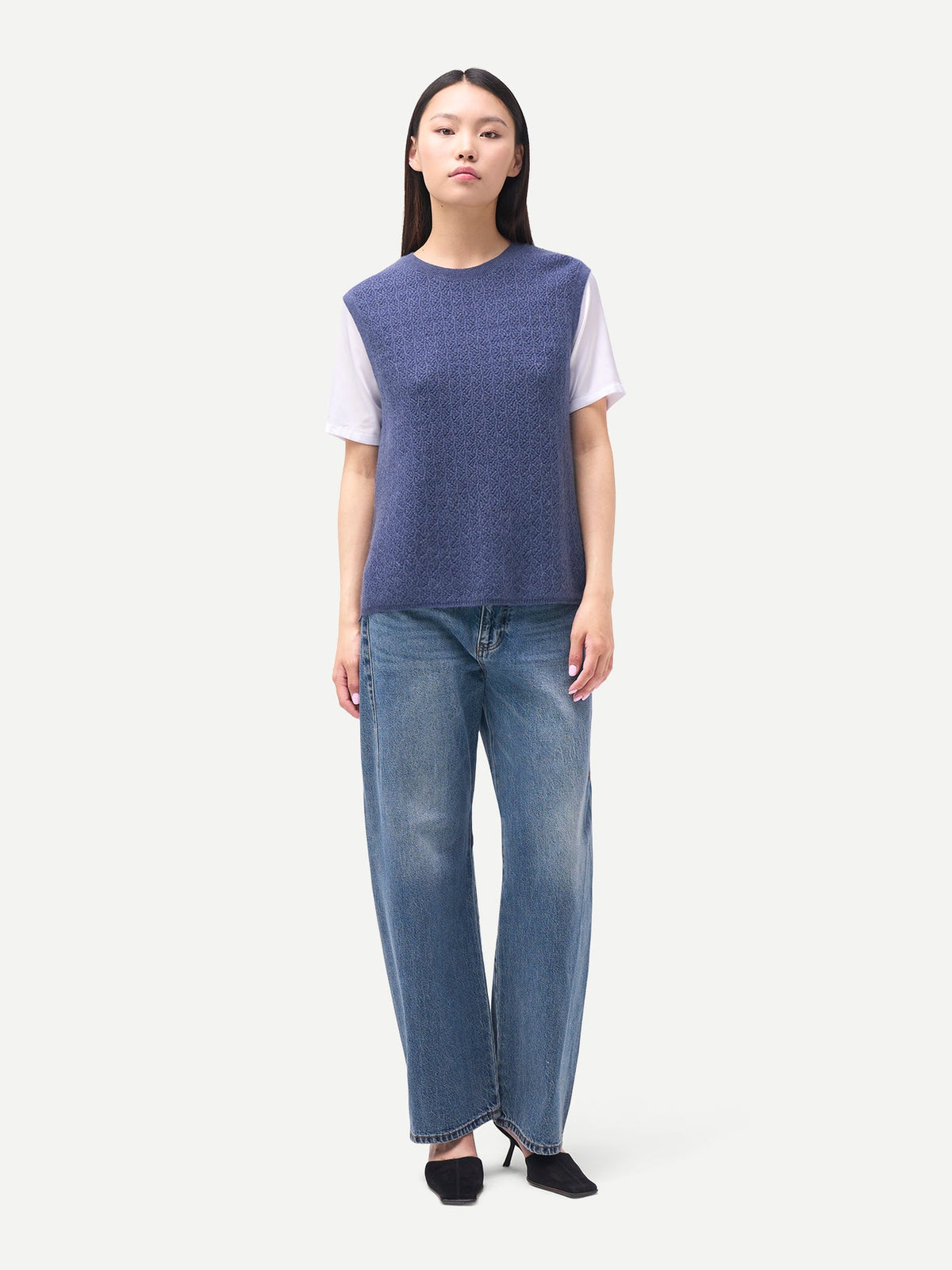 Ajour Knit Crewneck Cashmere Vest — Soft Indigo