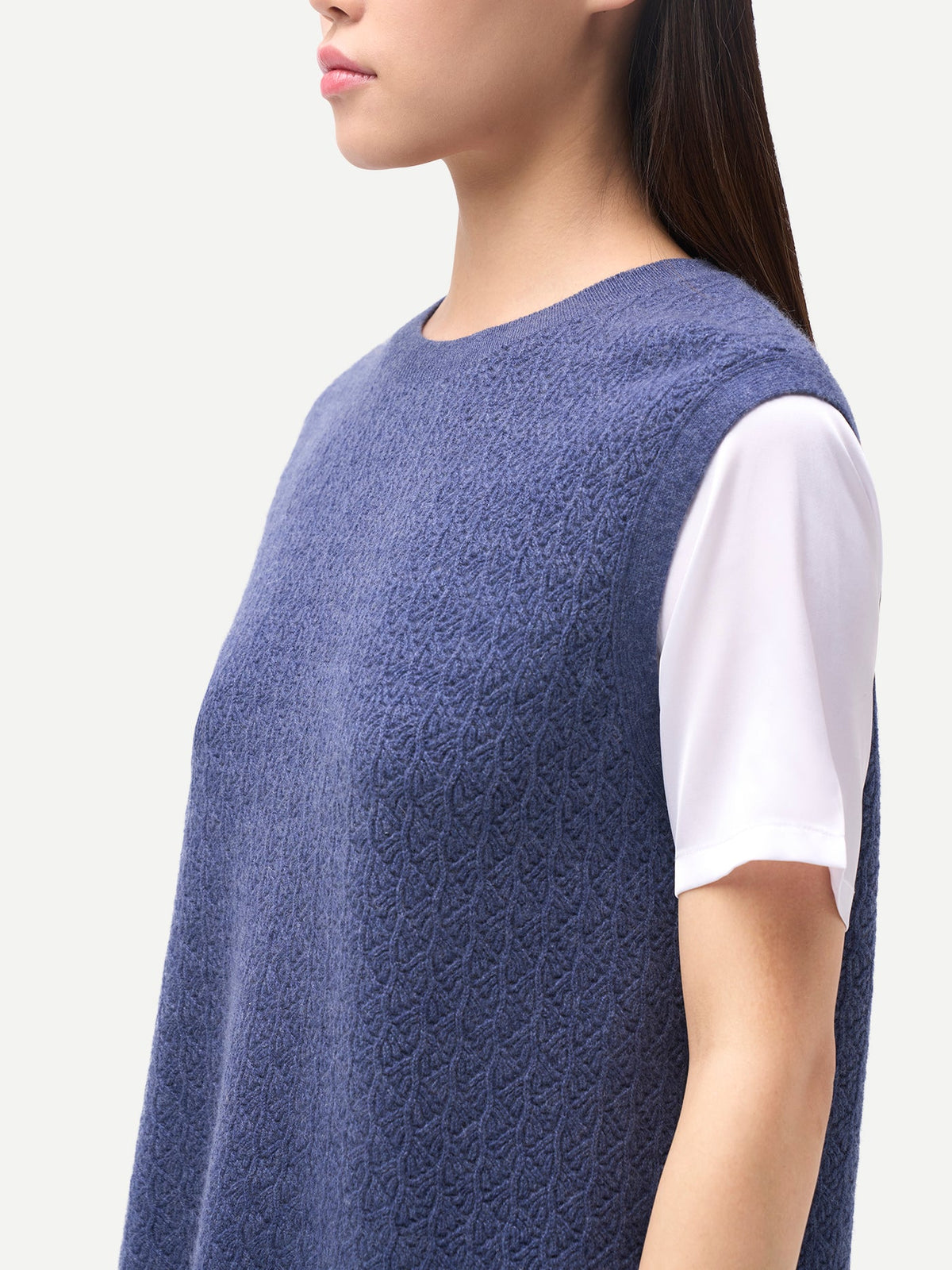Ajour Knit Crewneck Cashmere Vest — Soft Indigo