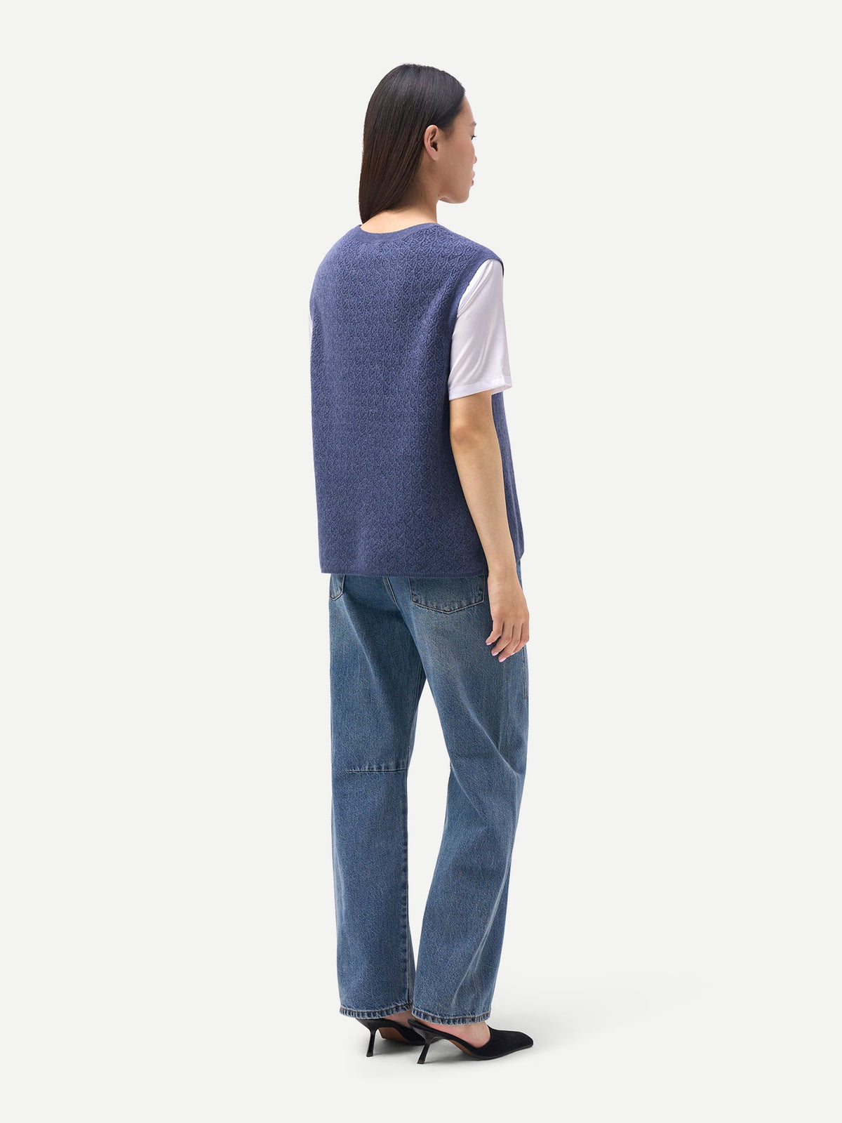 Ajour Knit Crewneck Cashmere Vest — Soft Indigo