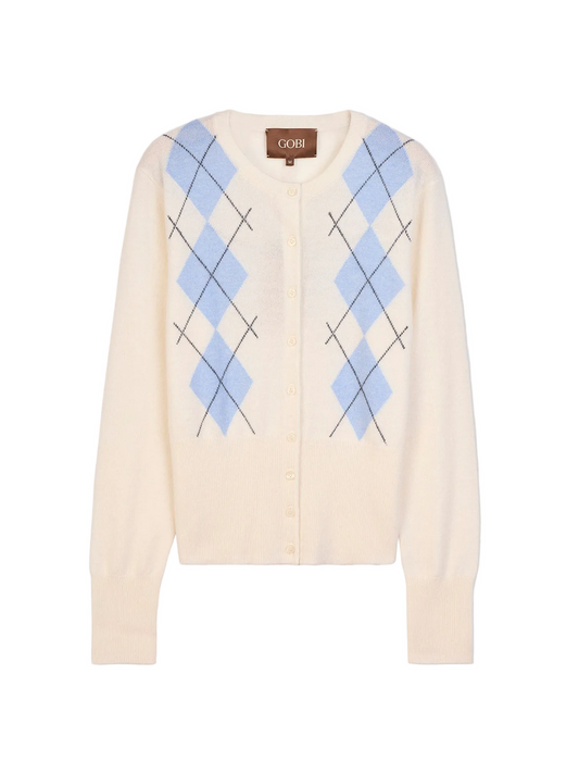 Cashmere Argyle Cardigan — Soft White