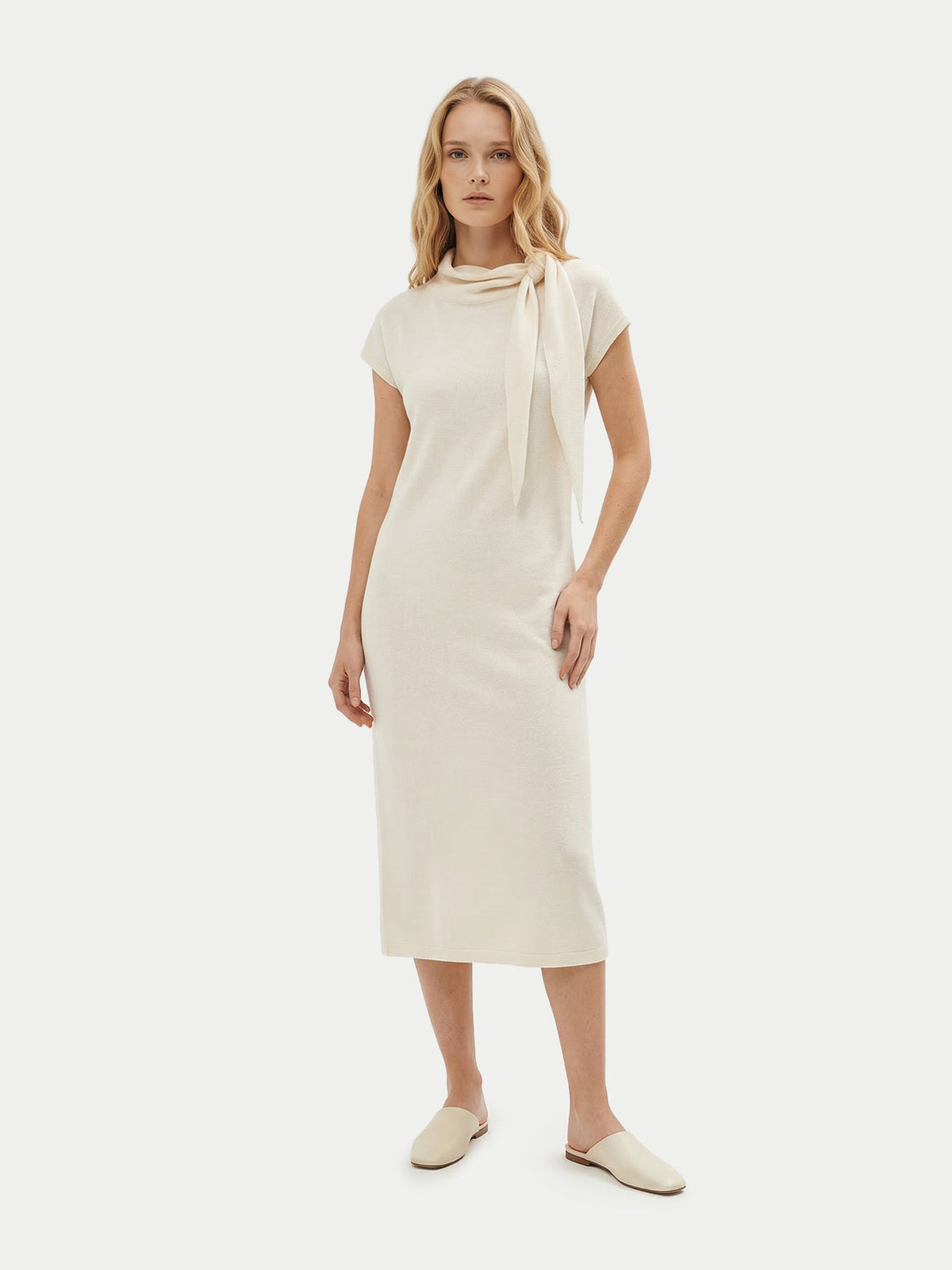 Cashmere Tie-neck Dress — Soft White