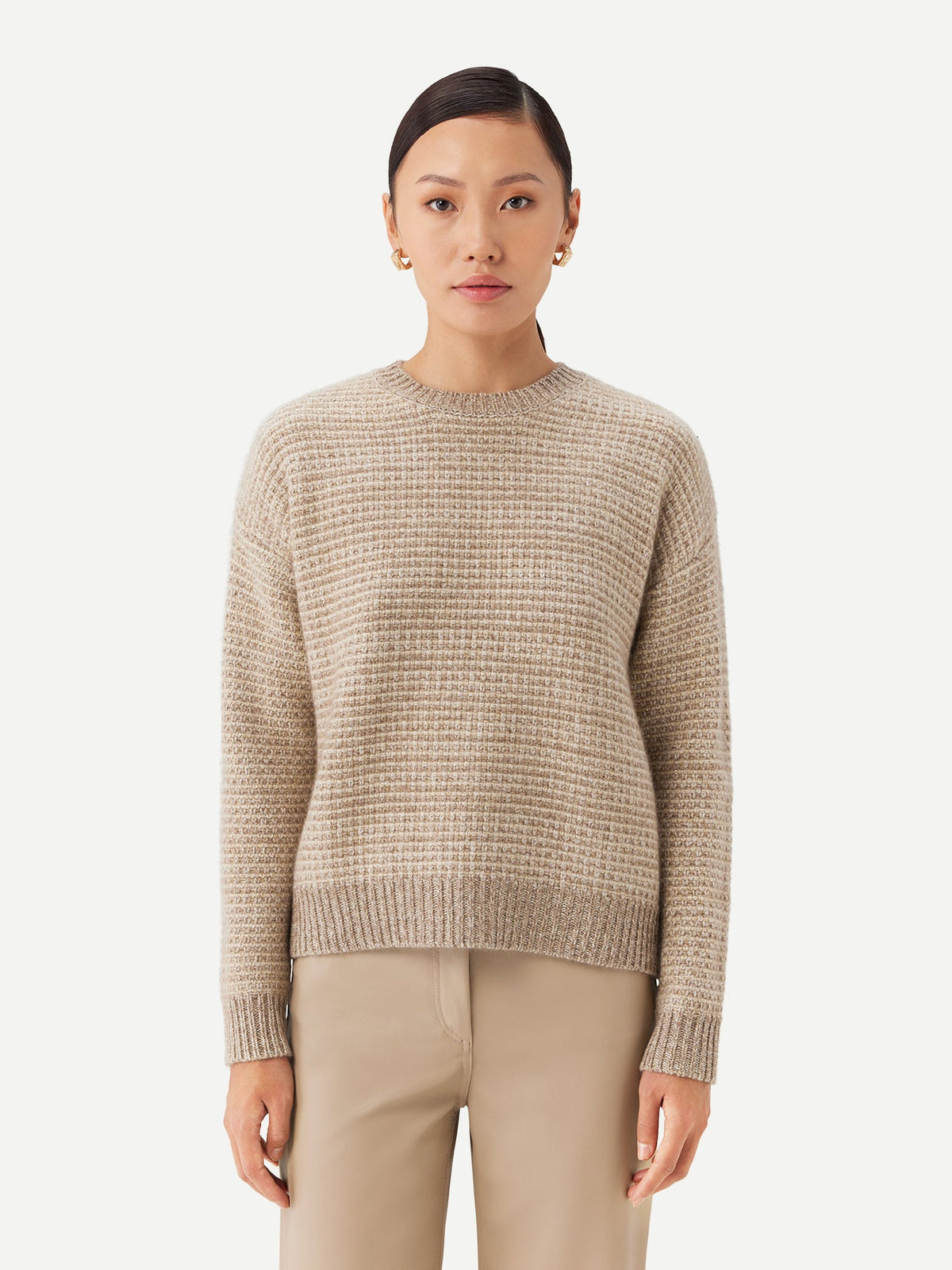 Tweed Pattern Crew Neck Sweater — Soft White