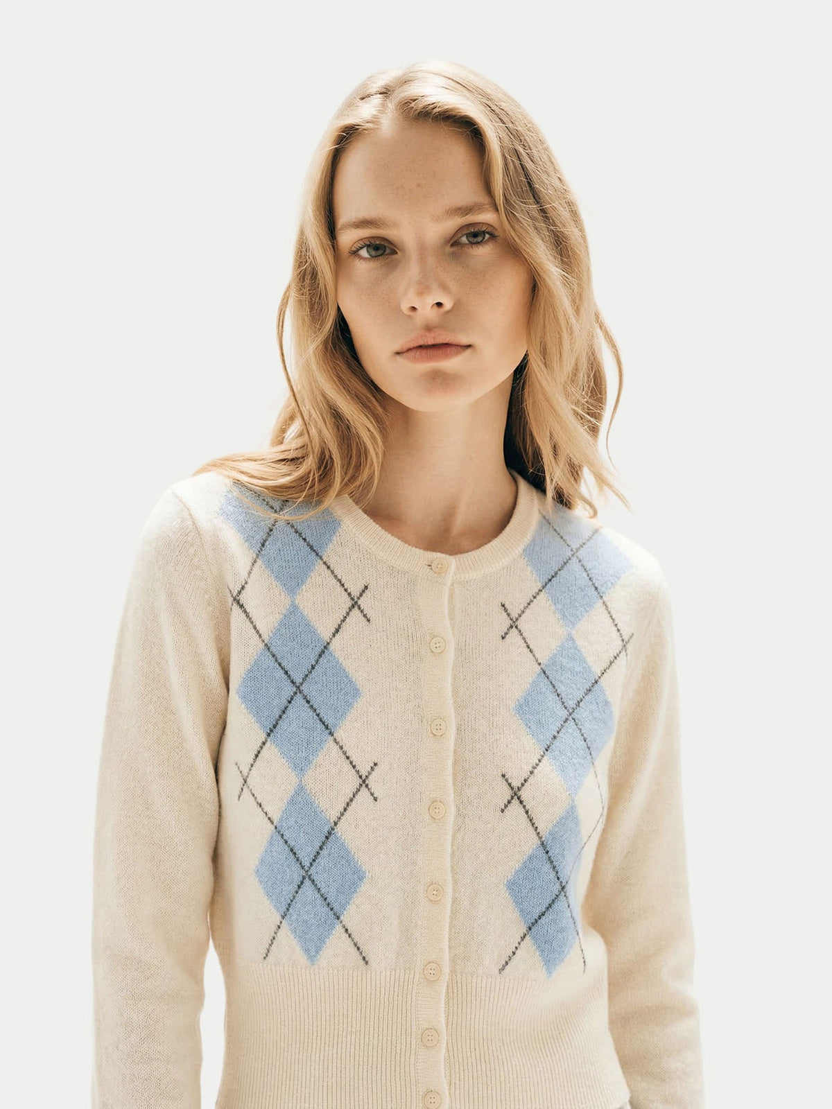 Cashmere Argyle Cardigan — Soft White