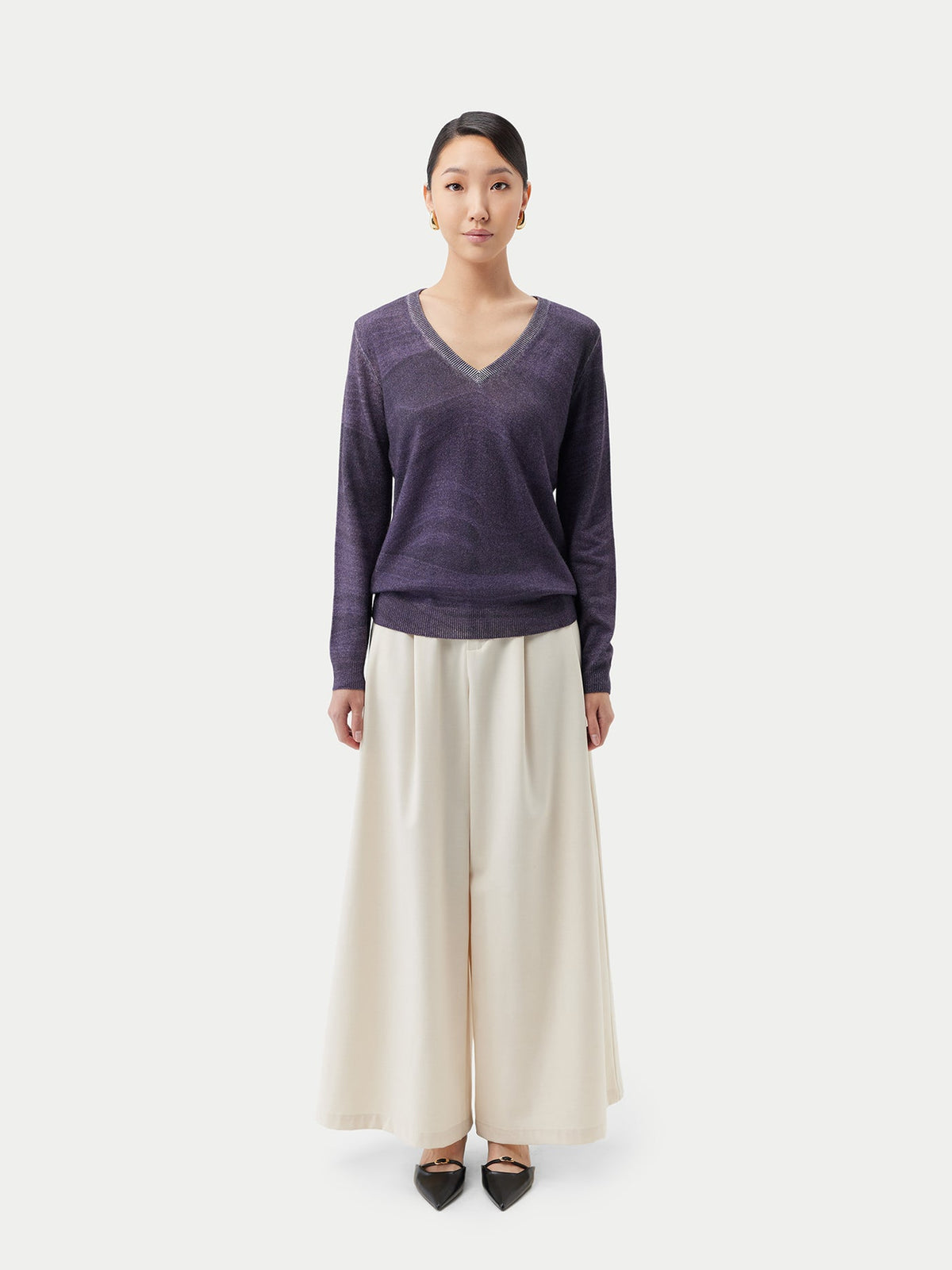 Printed V-neck Cashmere Sweater — Soft White