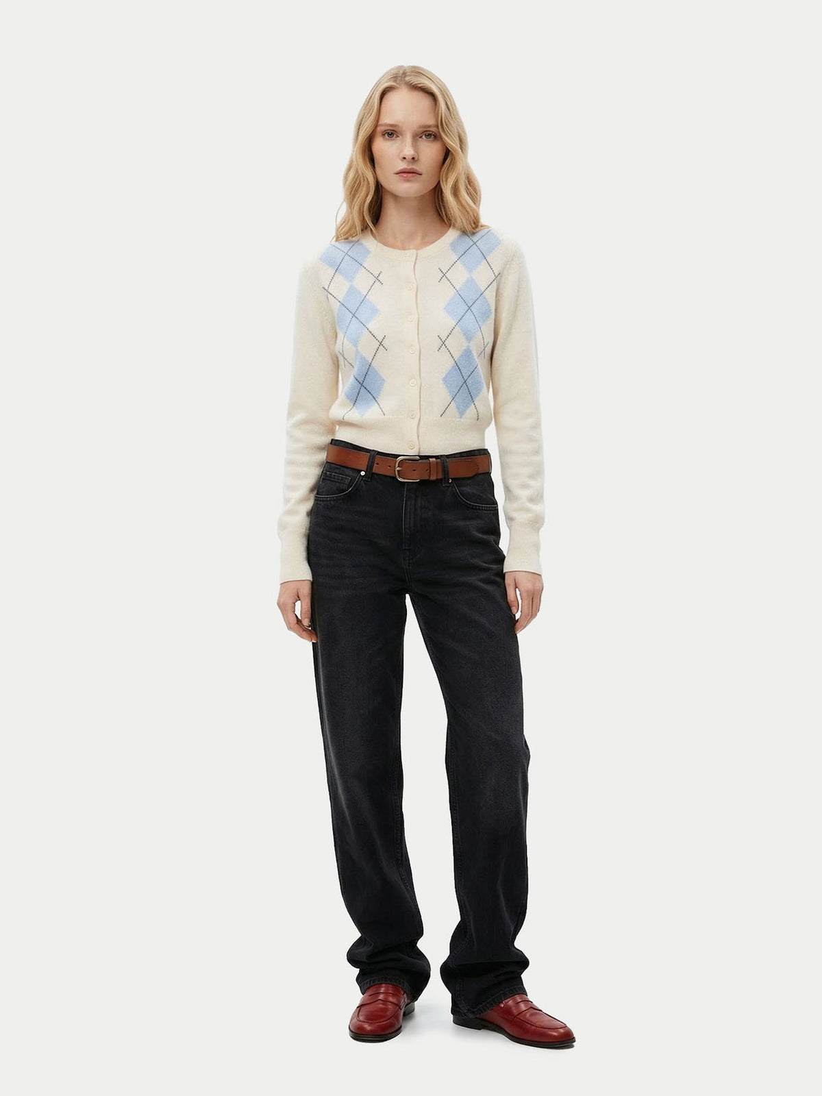 Cashmere Argyle Cardigan — Soft White