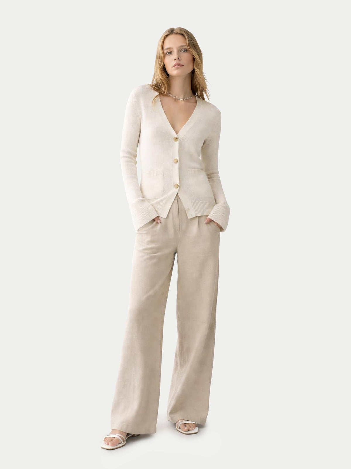 Buttoned Cashmere V-neck Cardigan — Soft White