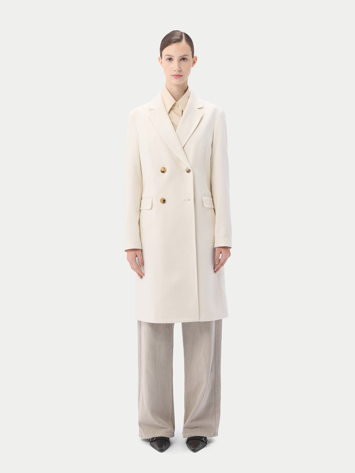 Notch Lapel Midi-length Cashmere Coat — Soft White
