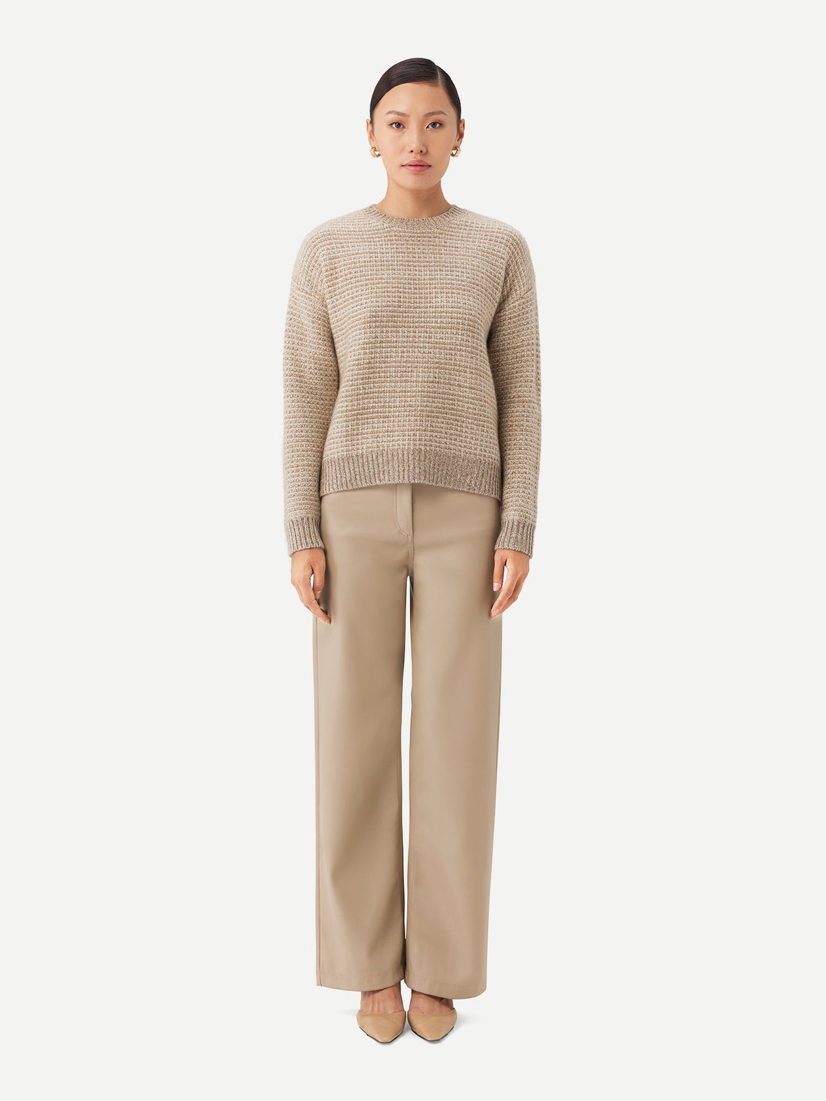 Tweed Pattern Crew Neck Sweater — Soft White