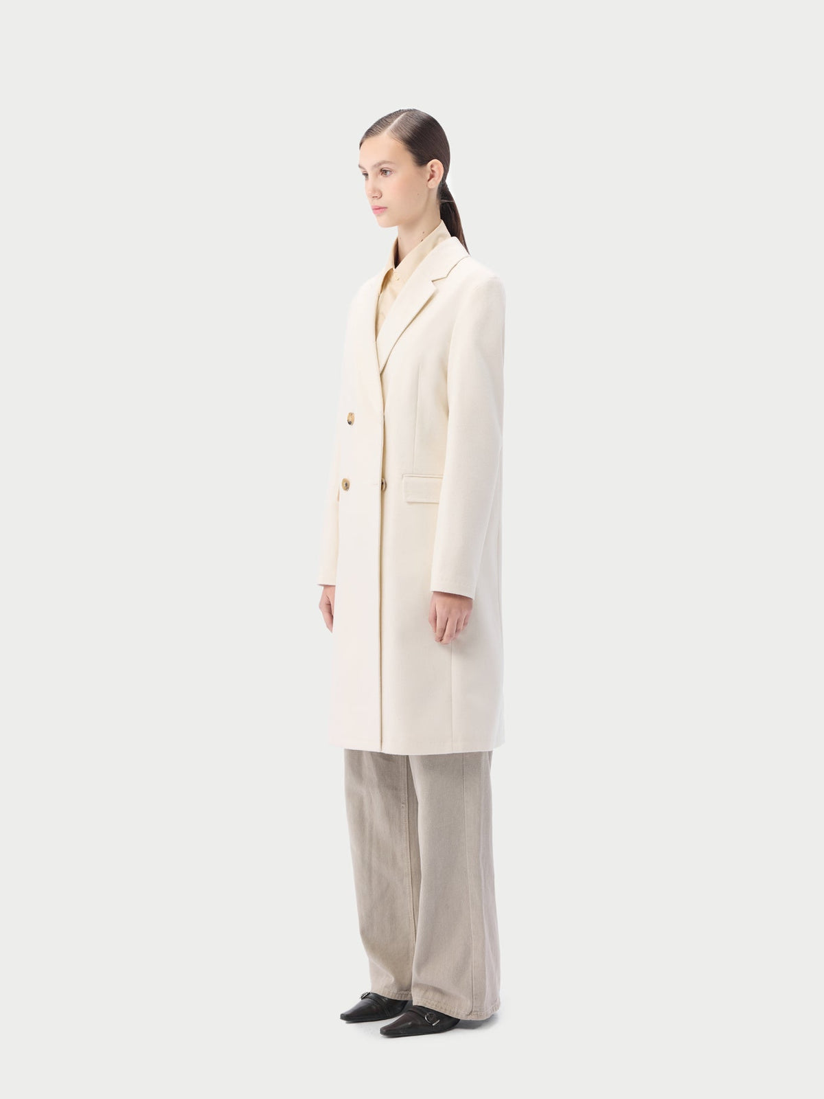 Notch Lapel Midi-length Cashmere Coat — Soft White