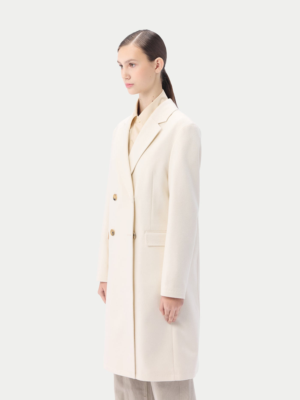 Notch Lapel Midi-length Cashmere Coat — Soft White