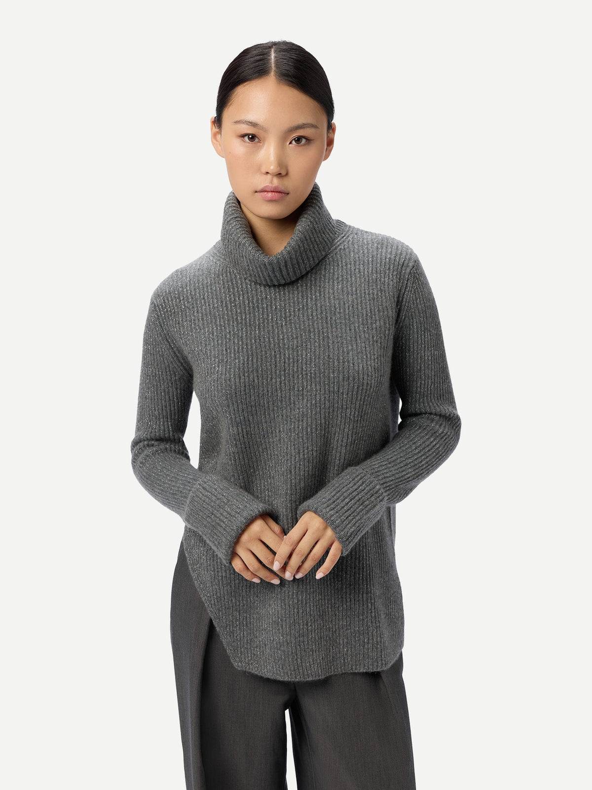 Cashmere Sweater With Detachable Collar — Steel Gray