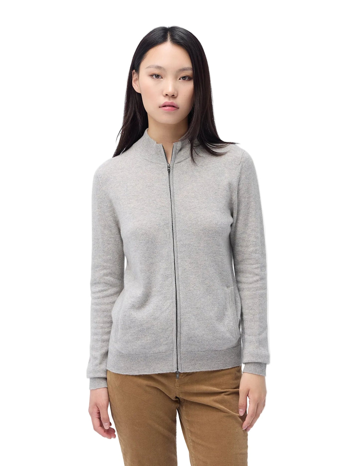 Essential Natural Color Cashmere Full-zip Cardigan — Steel Silver