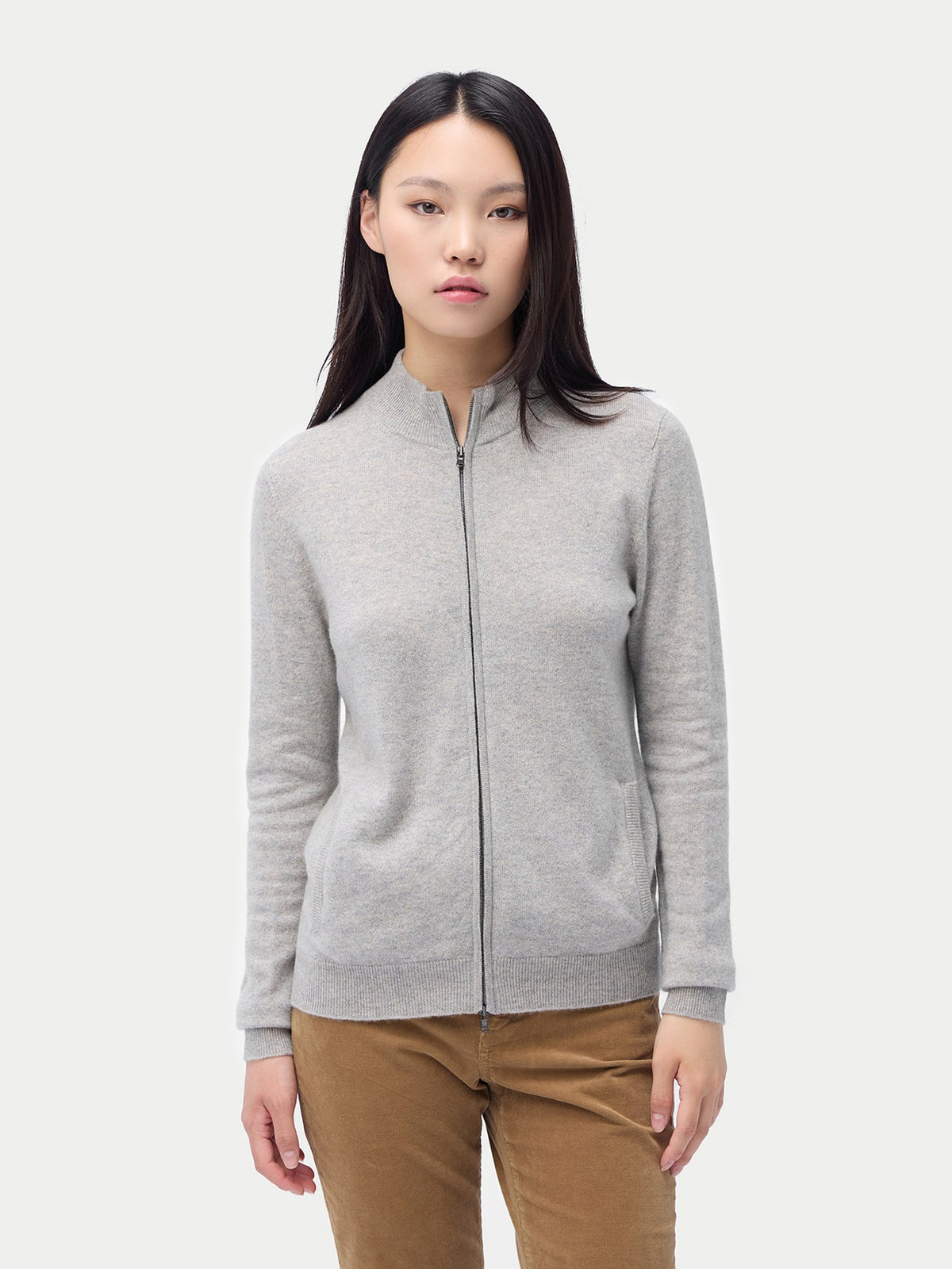 Essential Natural Color Cashmere Full-zip Cardigan — Steel Silver