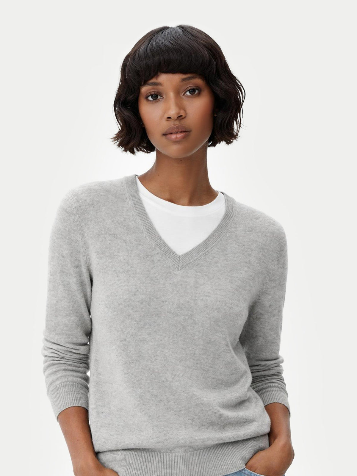 Essential Cashmere V-neck Sweater — Steel Silver