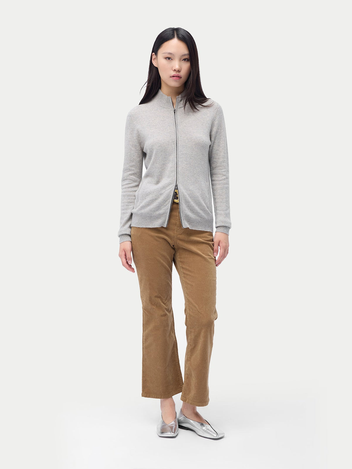 Essential Natural Color Cashmere Full-zip Cardigan — Steel Silver