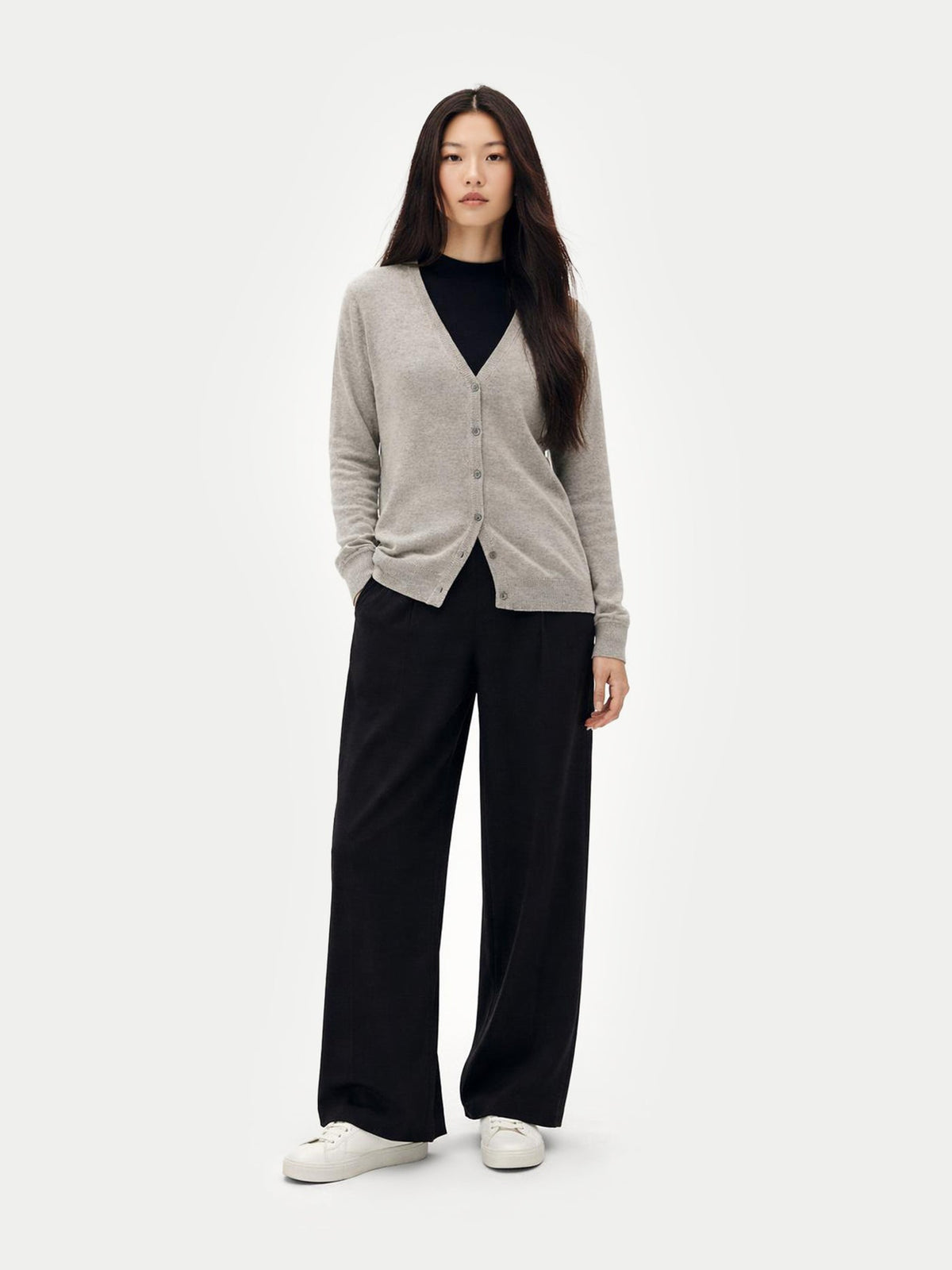 Essential Cashmere V-neck Cardigan — Steel Silver