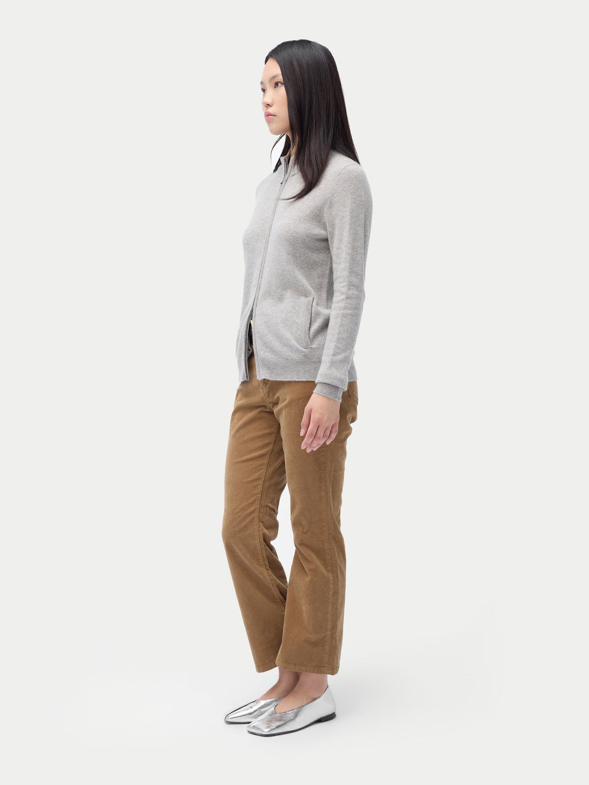 Essential Natural Color Cashmere Full-zip Cardigan — Steel Silver
