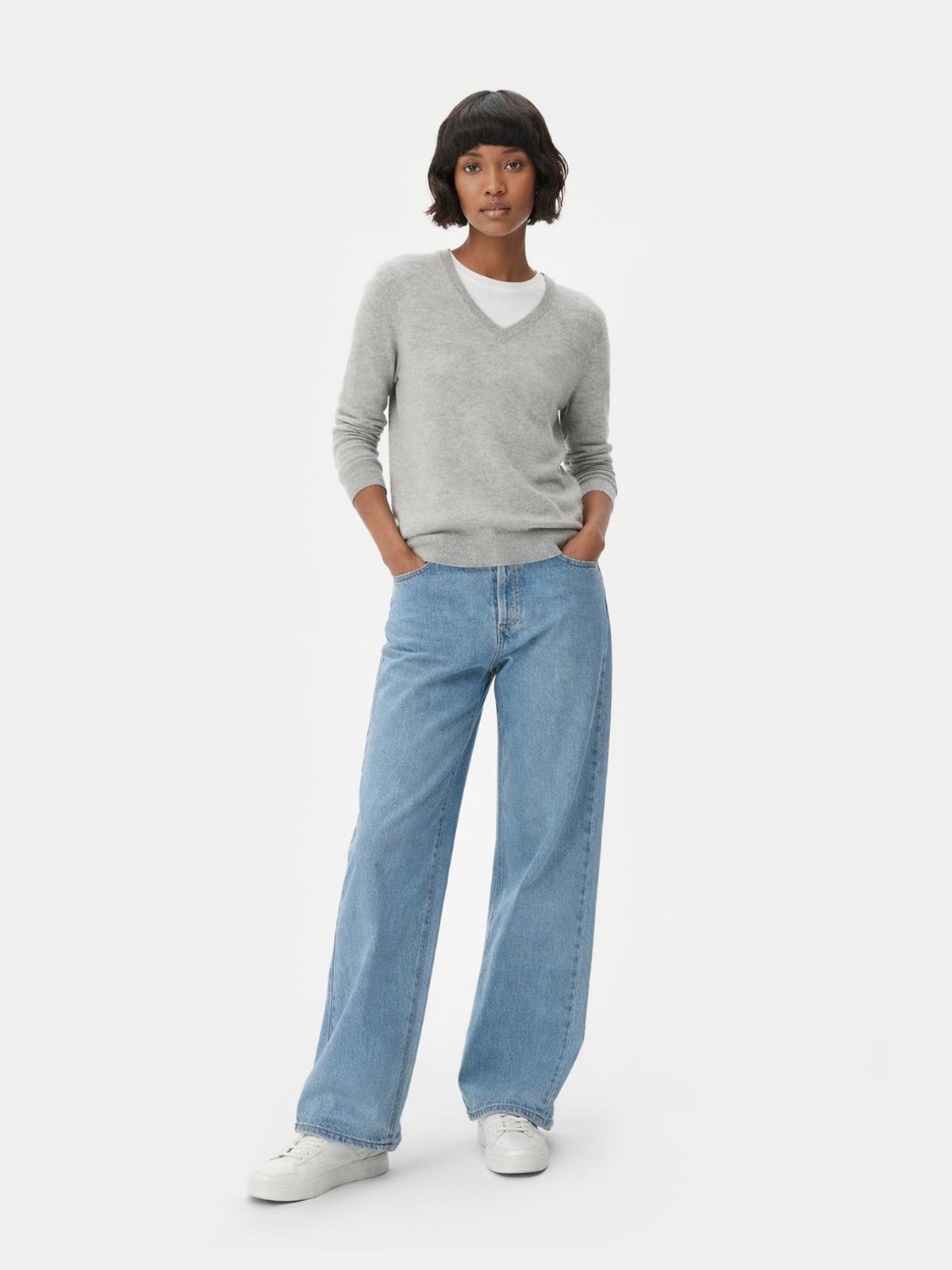 Essential Cashmere V-neck Sweater — Steel Silver
