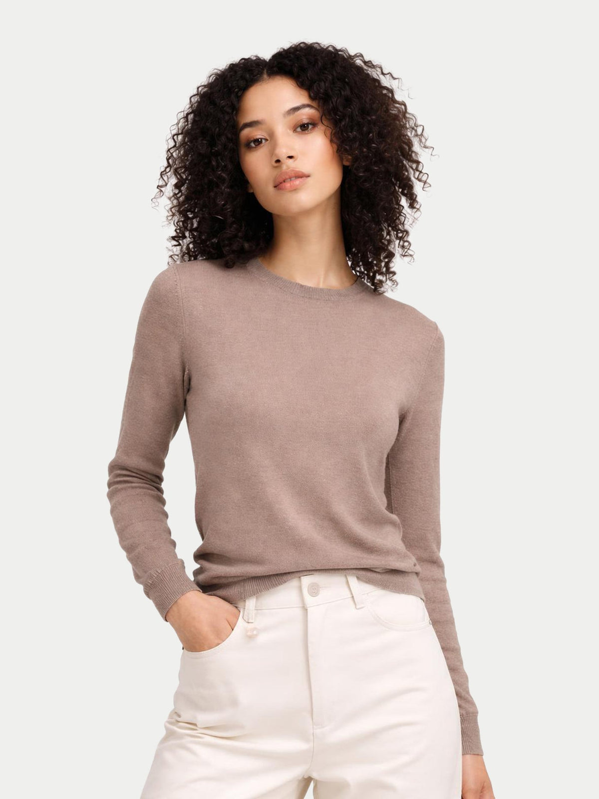 Women C-neck Cashmere Sweater — Stone Taupe