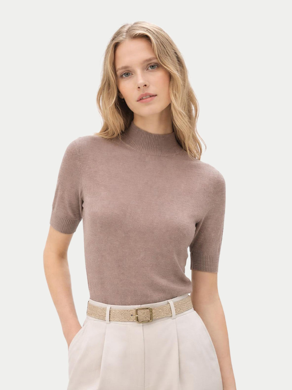 Cashmere Silk Shirt With High Neck — Stone Taupe