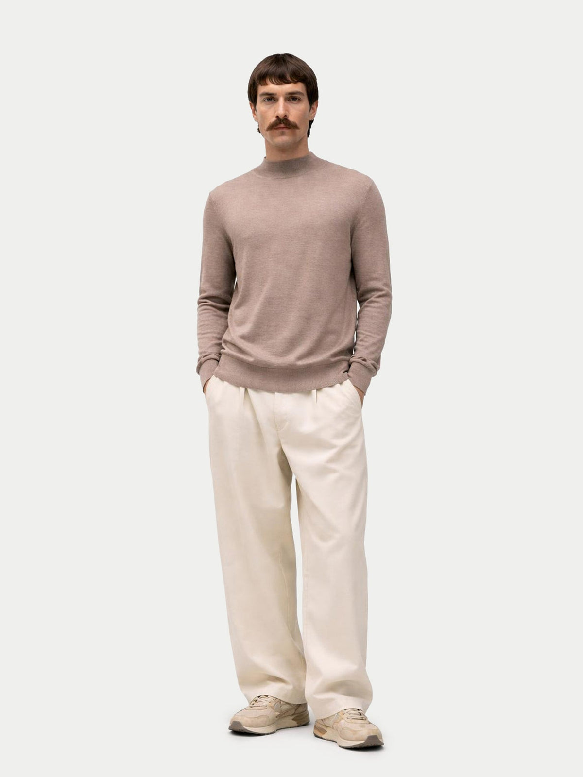 Men Cashmere Silk High Neck Sweater — Stone Taupe