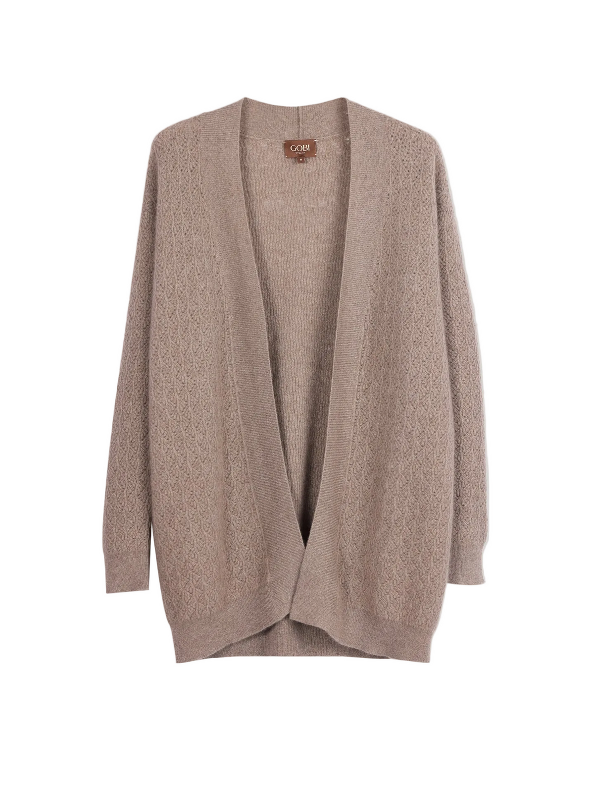 Ajour Knit Open-front Cashmere Cardigan — Taupe