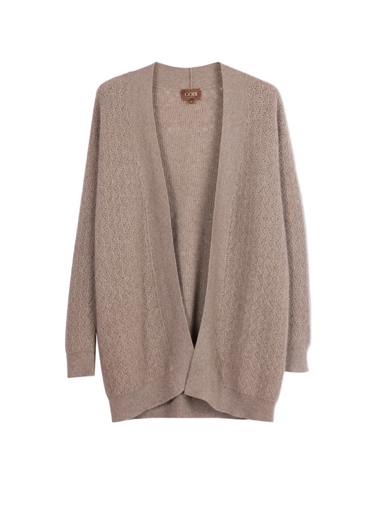 Ajour Knit Open-front Cashmere Cardigan — Taupe