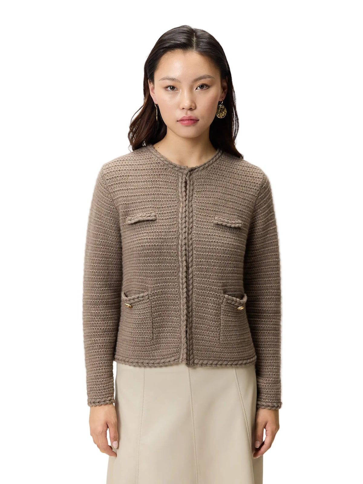 Textured Knit Cashmere Jacket-style Cardigan — Taupe