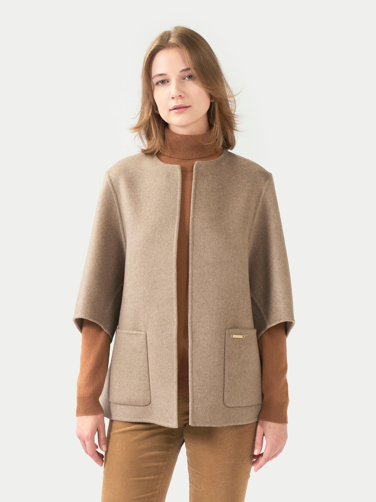 Patch Pocket Cashmere Poncho Jacket — Taupe