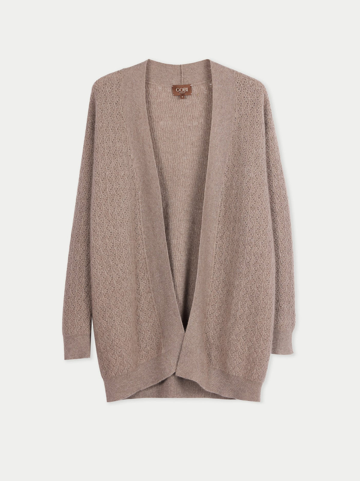 Ajour Knit Open-front Cashmere Cardigan — Taupe