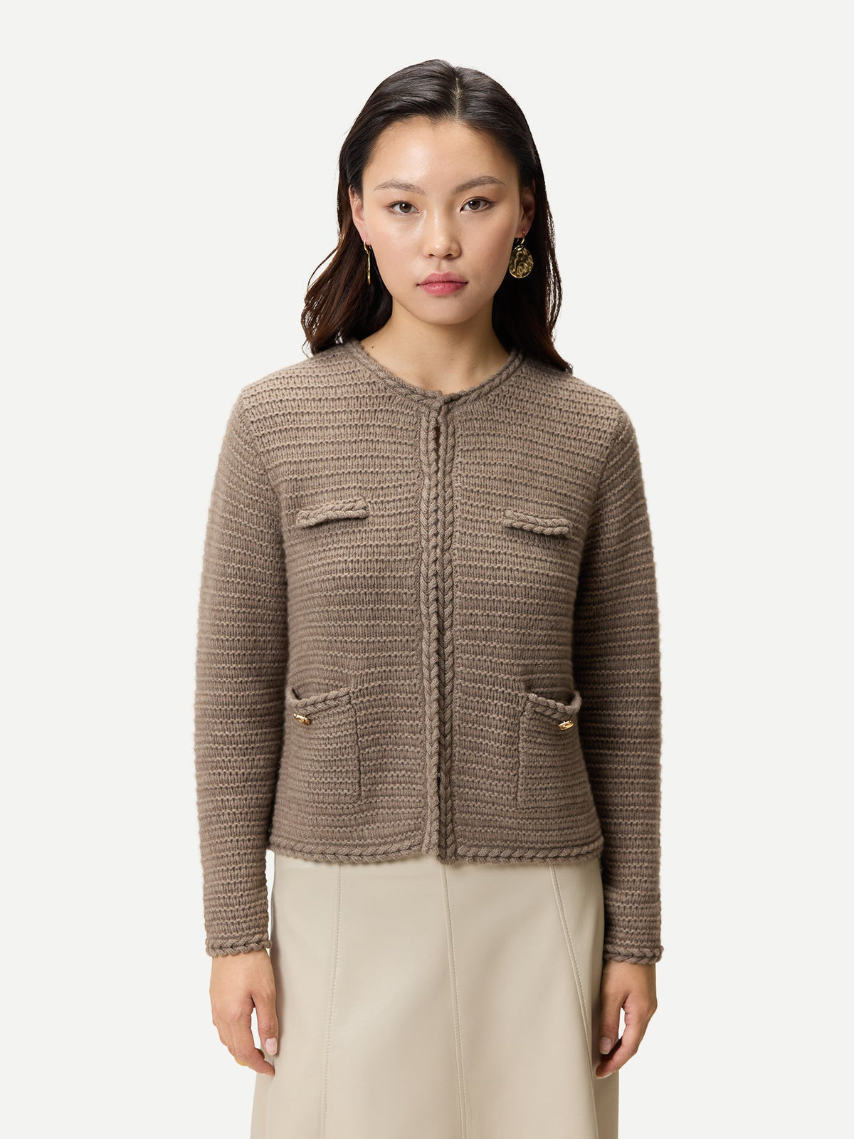 Textured Knit Cashmere Jacket-style Cardigan — Taupe
