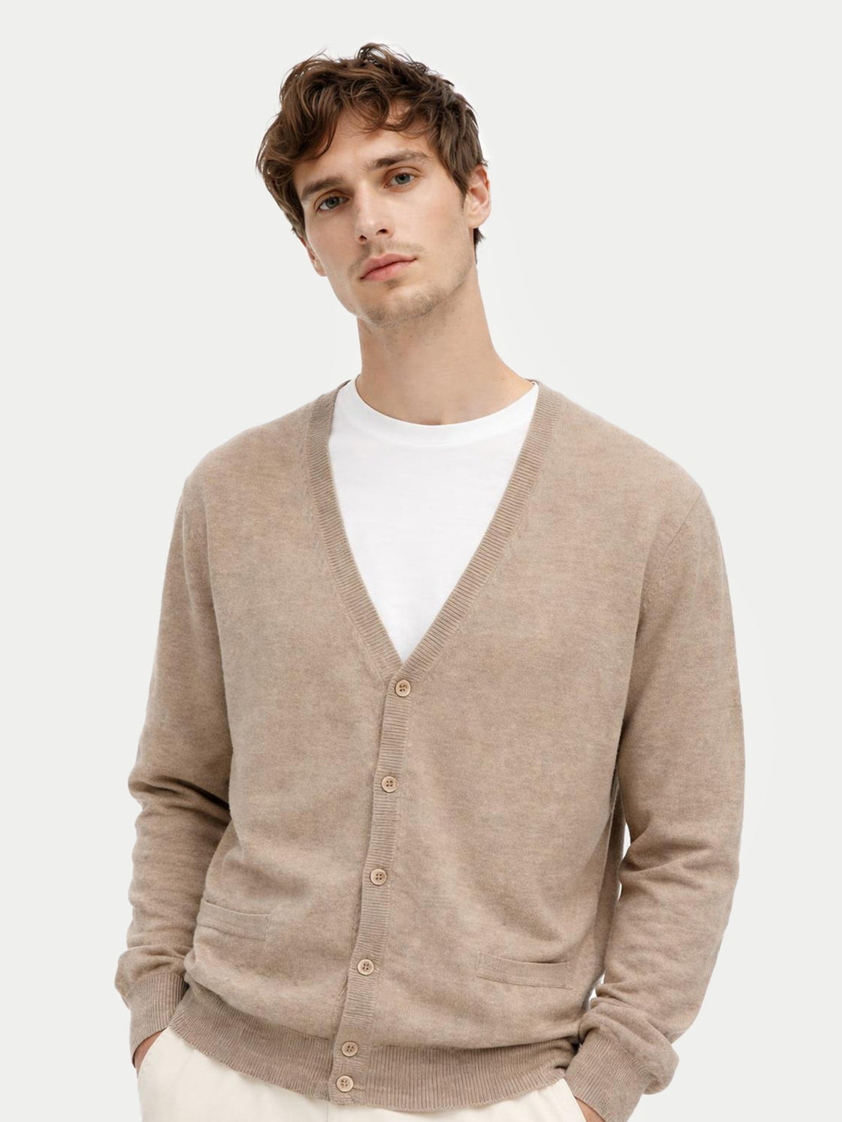 Essential Cashmere V-neck Cardigan — Taupe