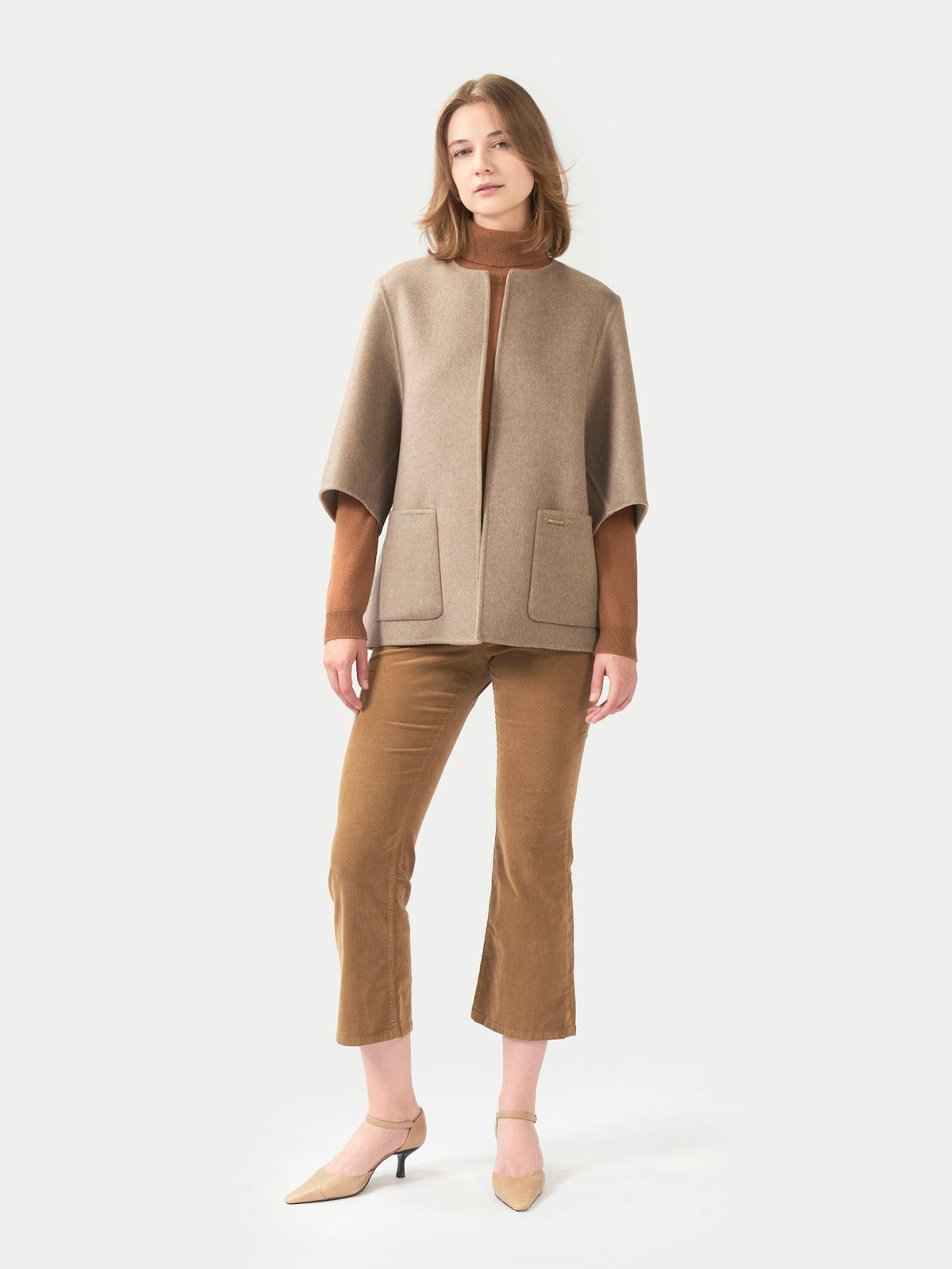 Patch Pocket Cashmere Poncho Jacket — Taupe