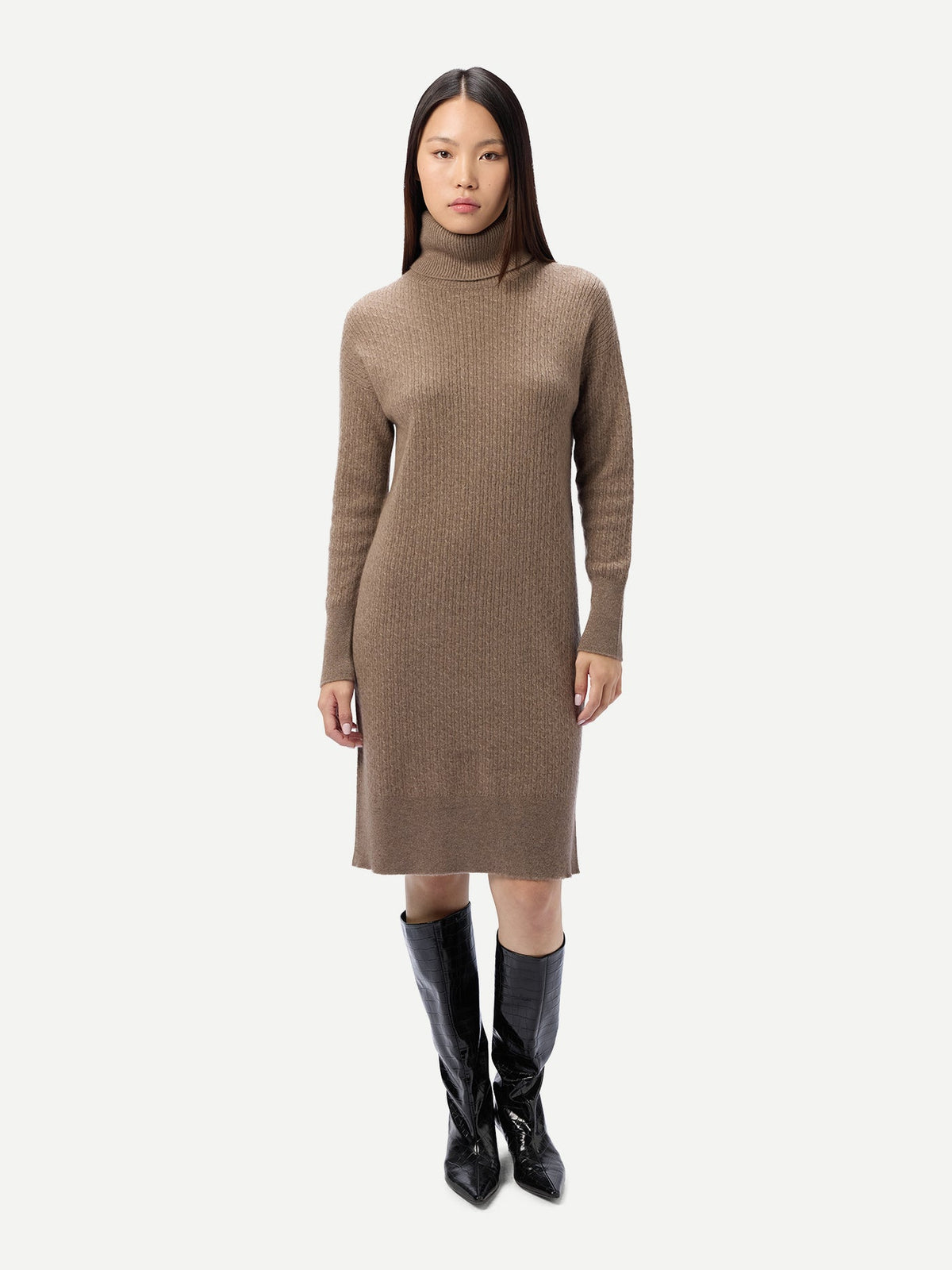 Natural Color Seamless Turtleneck Cashmere Dress — Taupe