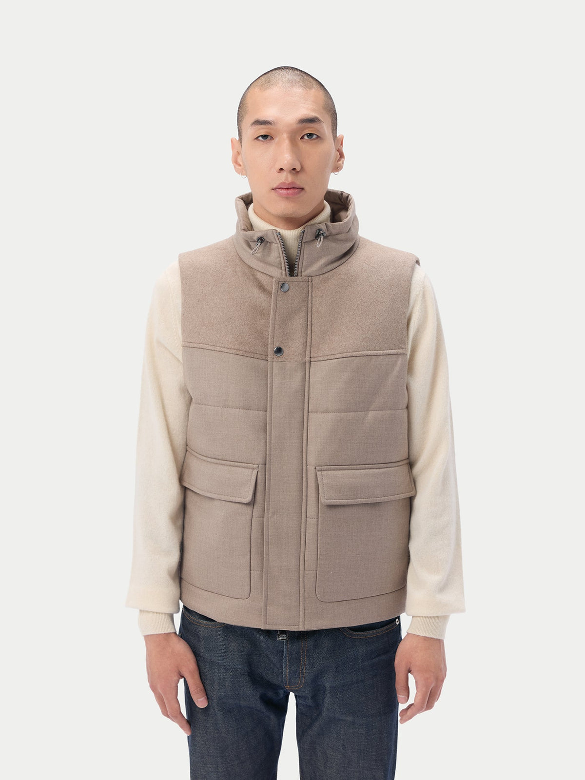 Natural Color Drawstring Collar Cashmere Vest — Taupe