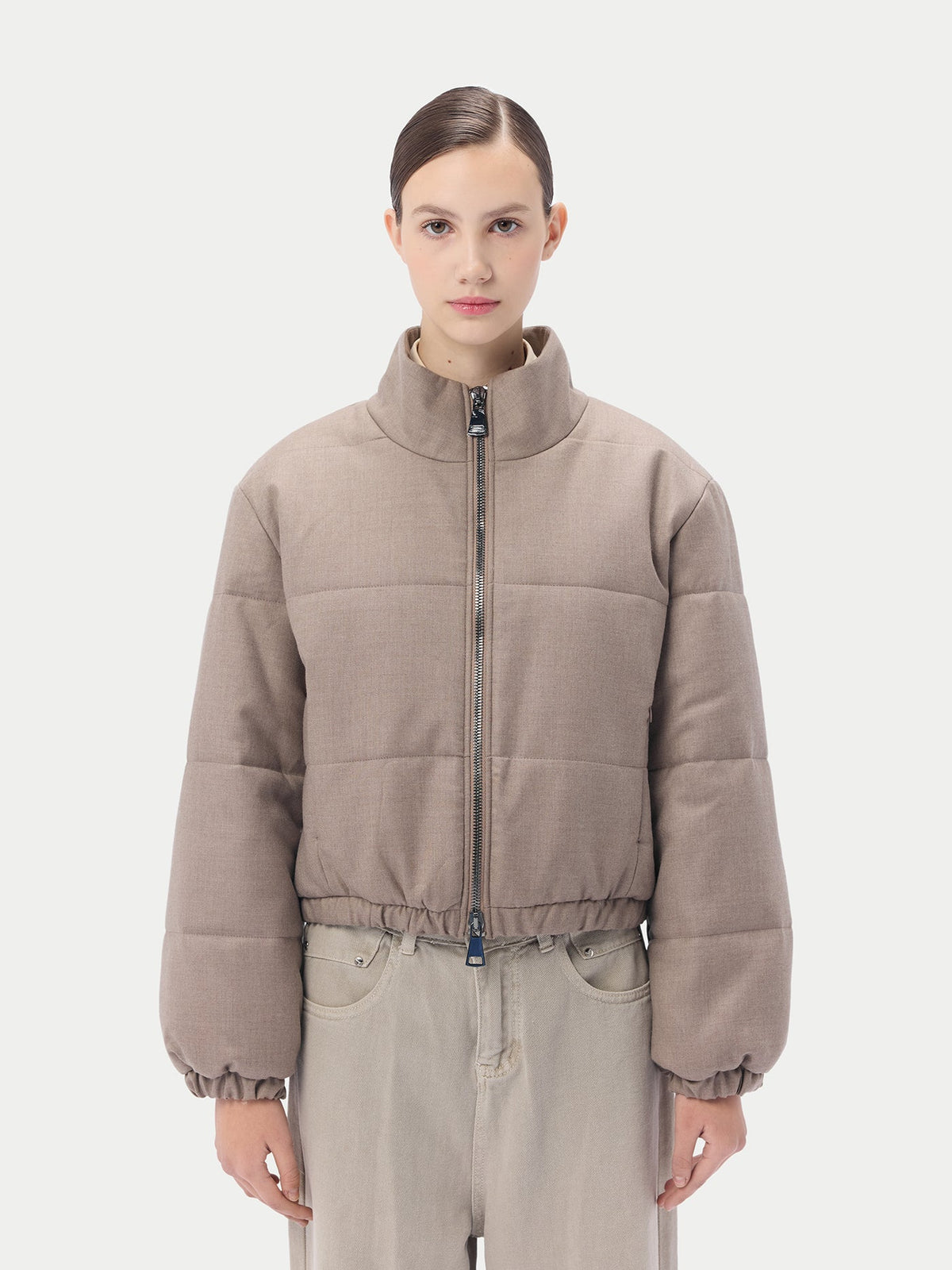 Natural Color Cropped High-neck Cashmere Jacket — Taupe